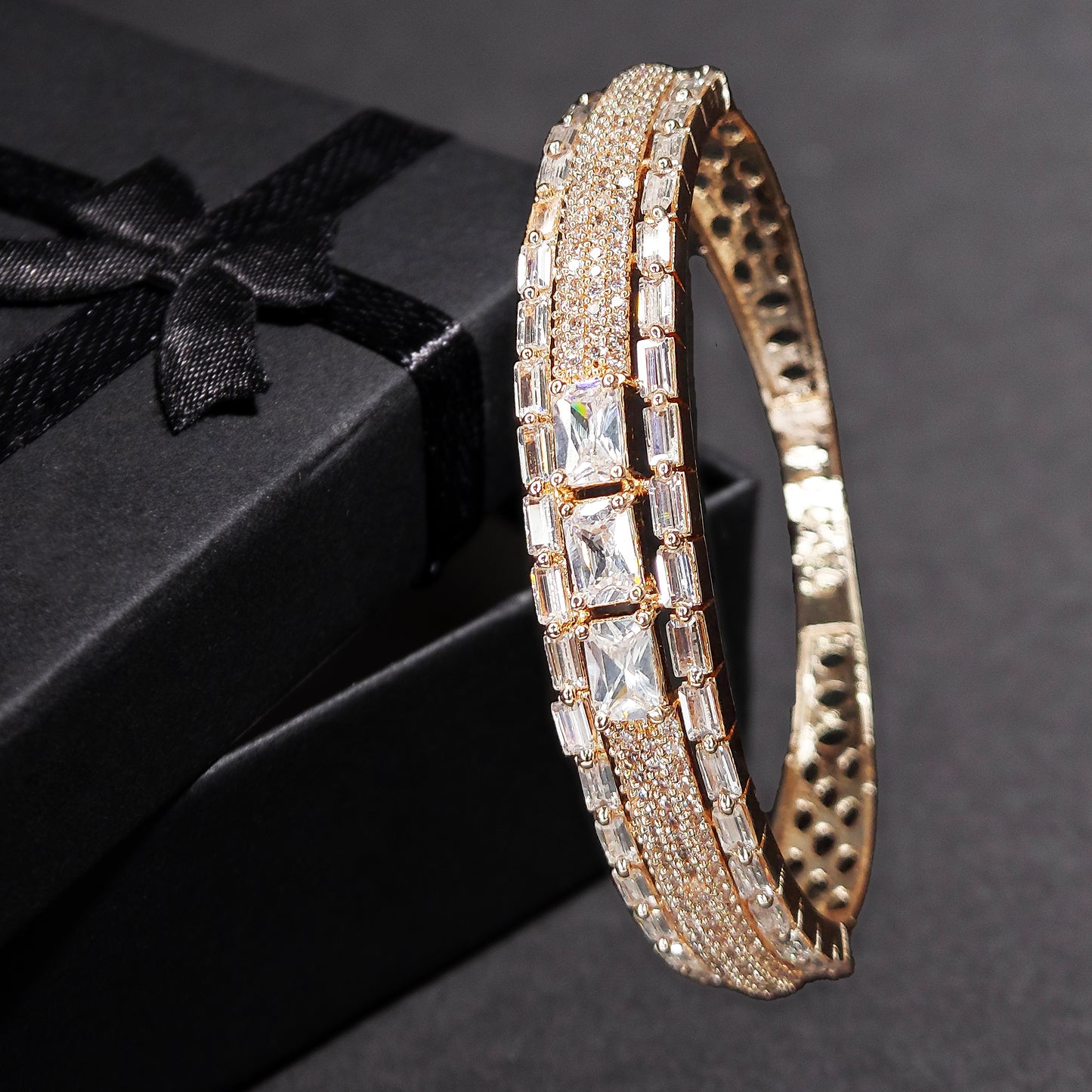 Rose Gold Plated Zircon American Diamond Studded Sparkling Kada Bracelet