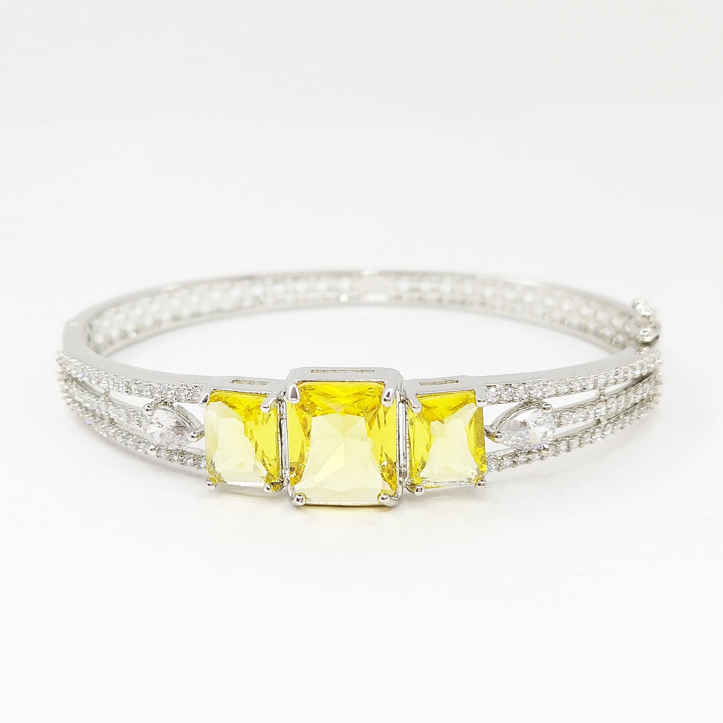 Rhodium Plated Silver Toned Elegant American Diamond Studded Contemporary Kada Bracelet