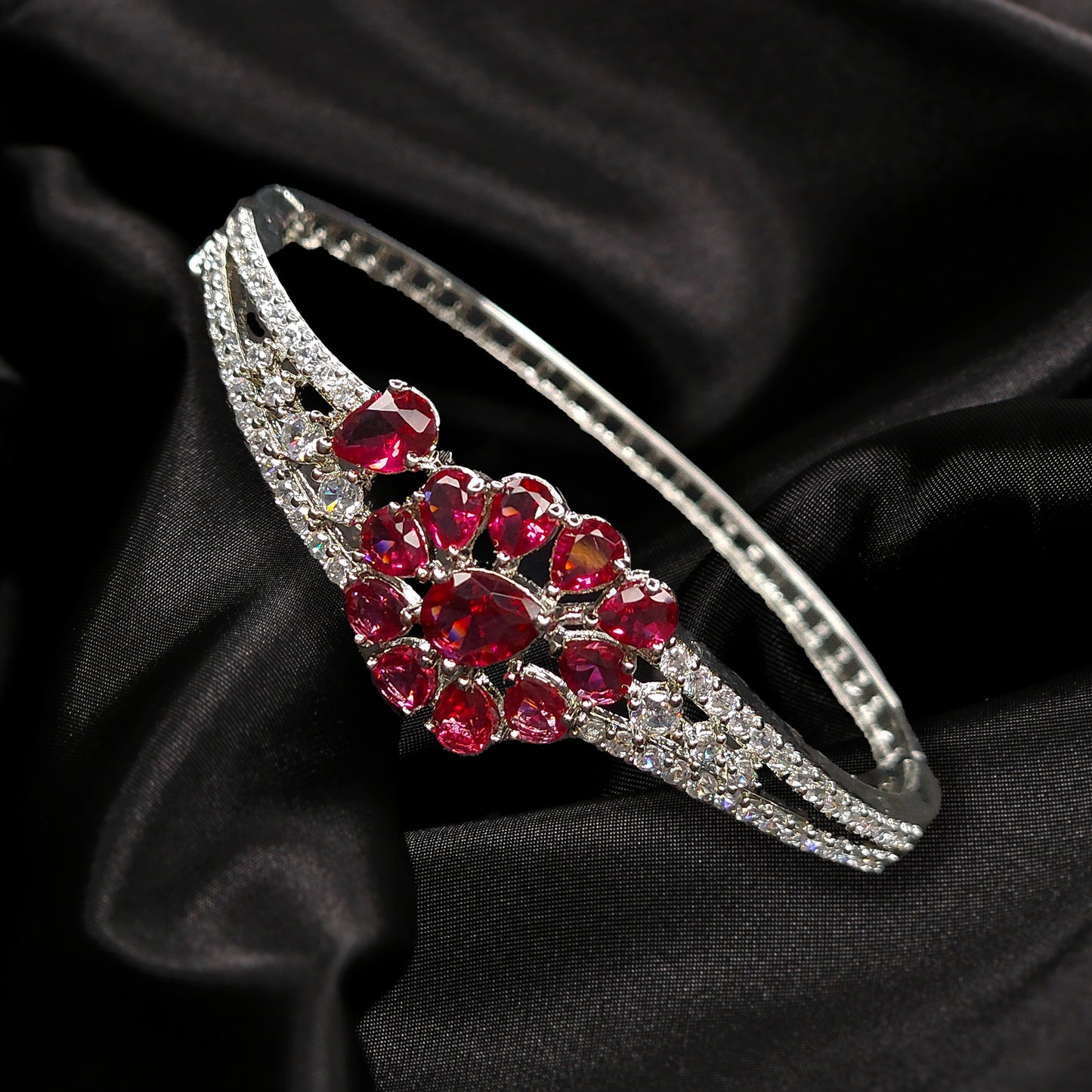 Floral Design Rhodium Plated Silver Toned Elegant American Diamond Studded Kada Bracelet