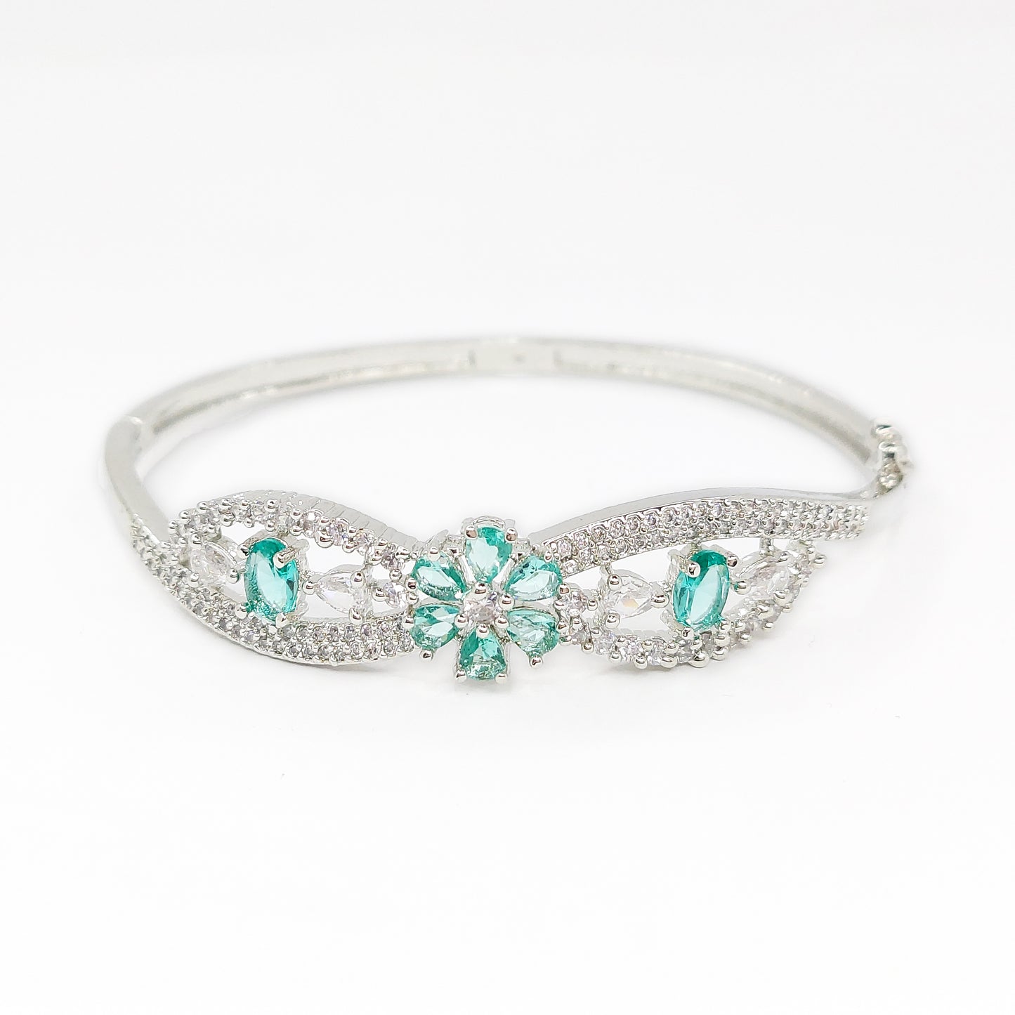 Floral Rhodium Plated Silver Toned Elegant American Diamond Studded Kada Bracelet