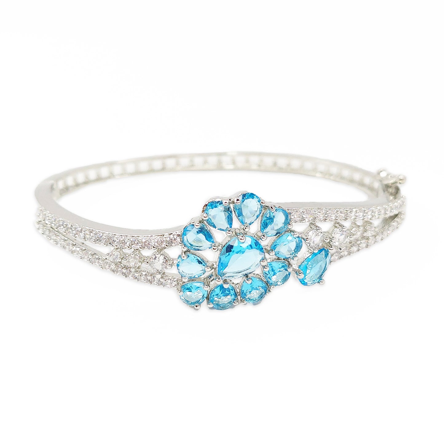 Floral Design Rhodium Plated Silver Toned Elegant American Diamond Studded Kada Bracelet