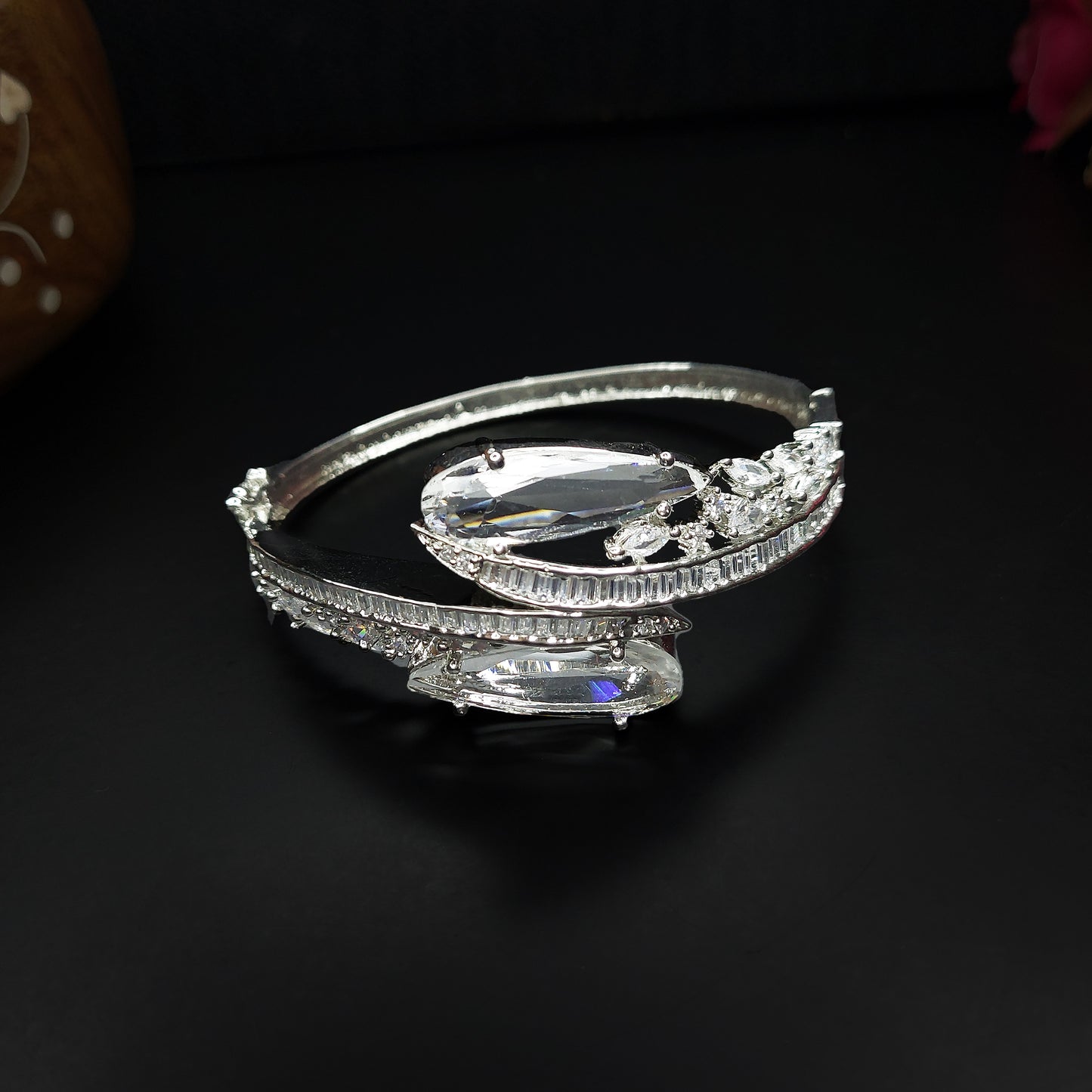 Rhodium Plated Silver Toned American Diamond Studded Kada Bracelet