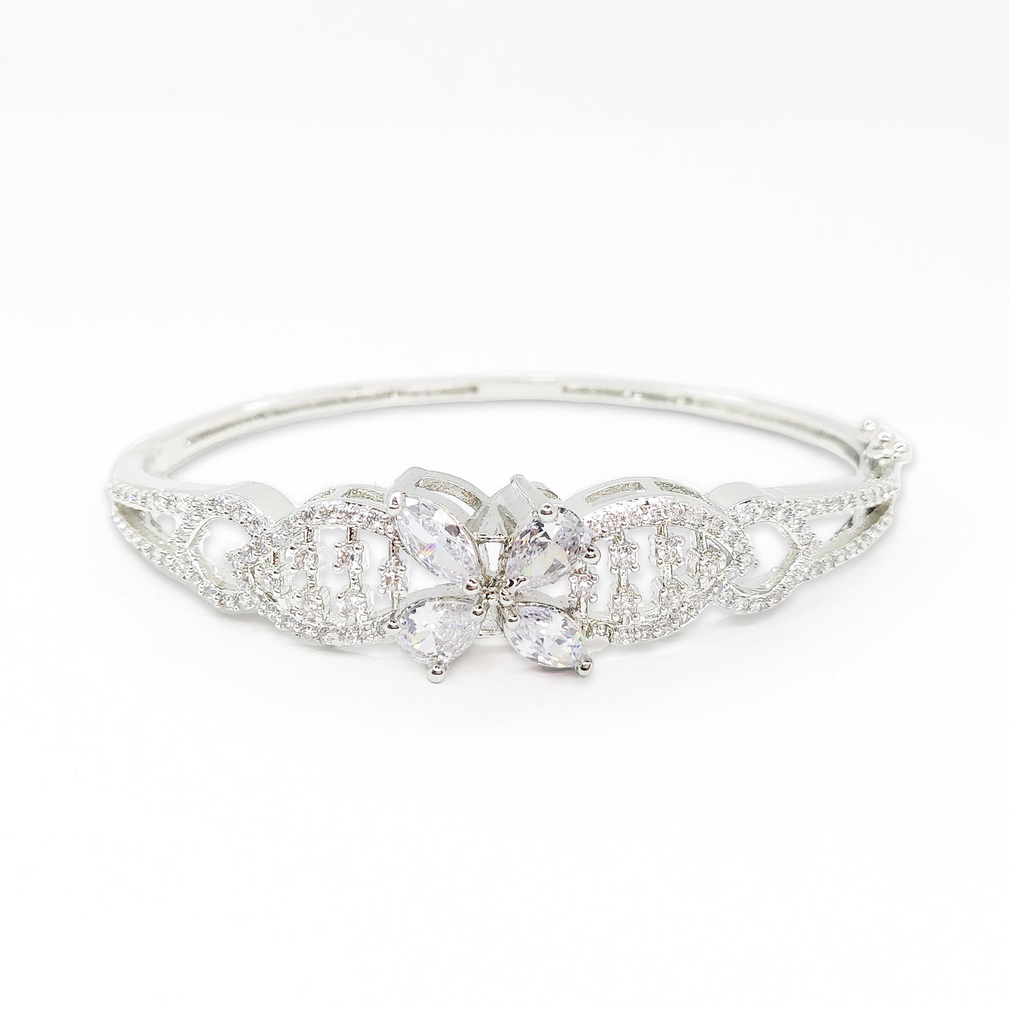 Floral Design Rhodium Plated Silver Toned Elegant American Diamond Studded Kada Bracelet