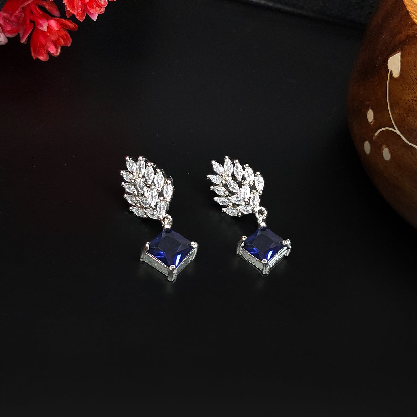 Royal Blue American Diamond Sparkling Leaf Shaped Drop Earrings