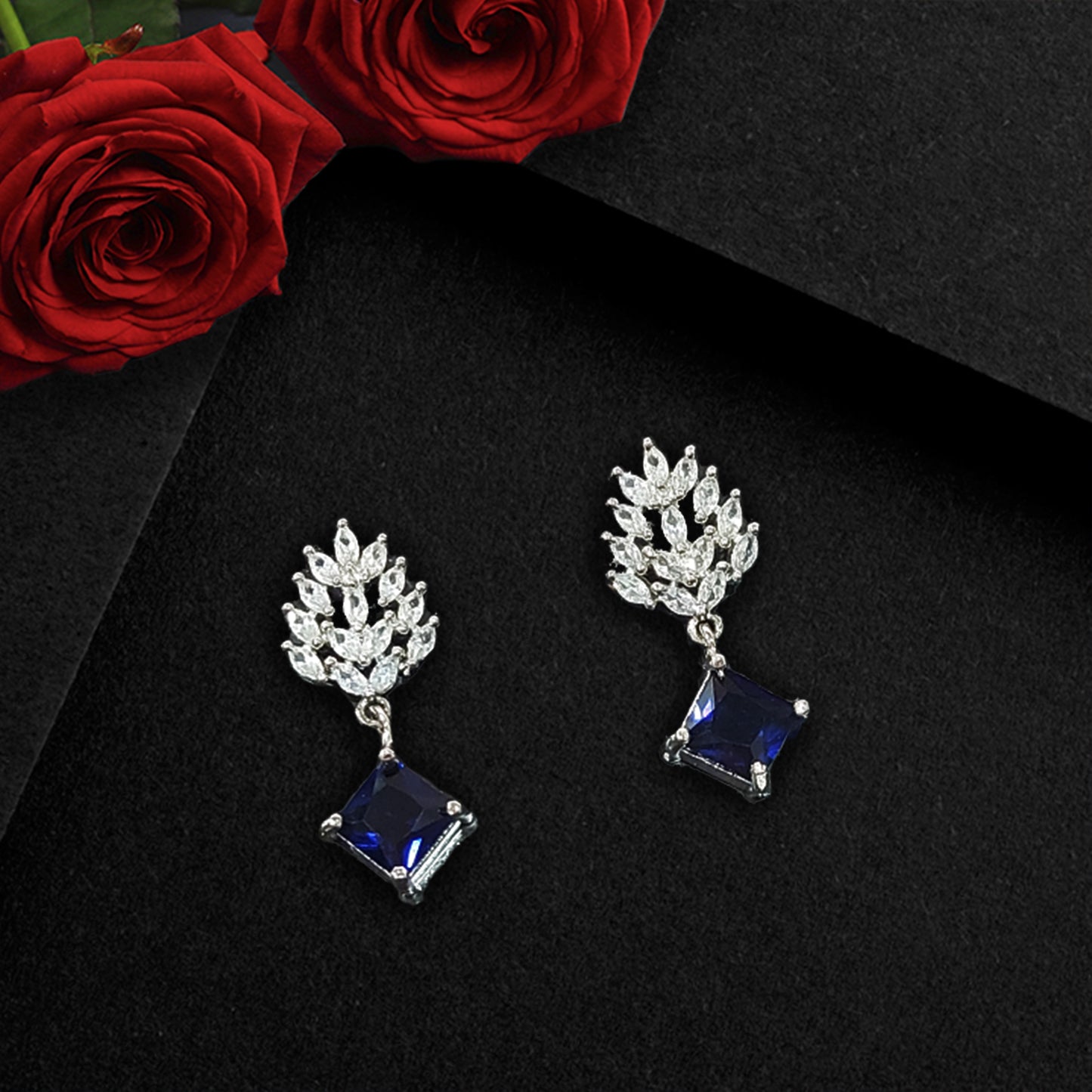 Royal Blue American Diamond Sparkling Leaf Shaped Drop Earrings