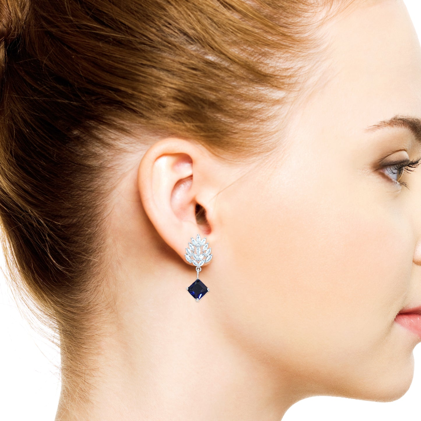 Royal Blue American Diamond Sparkling Leaf Shaped Drop Earrings