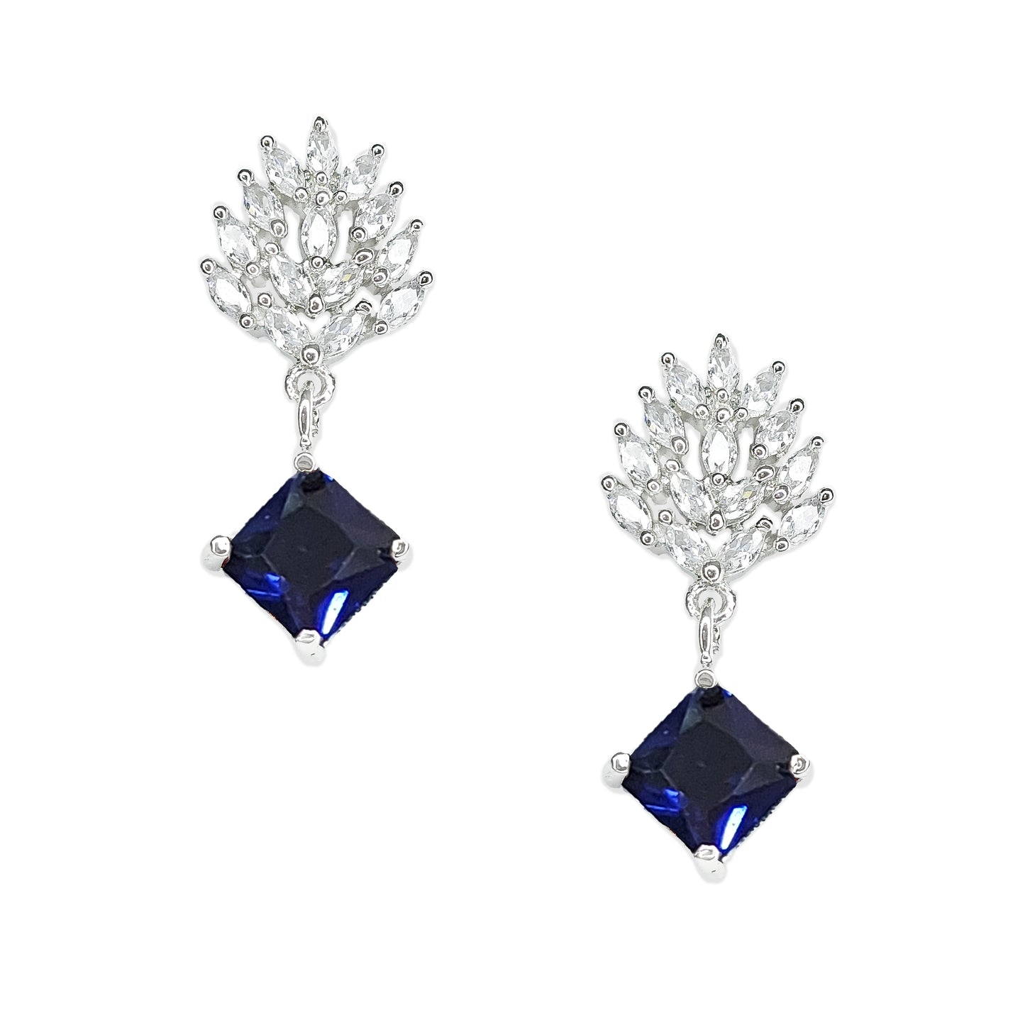 Royal Blue American Diamond Sparkling Leaf Shaped Drop Earrings