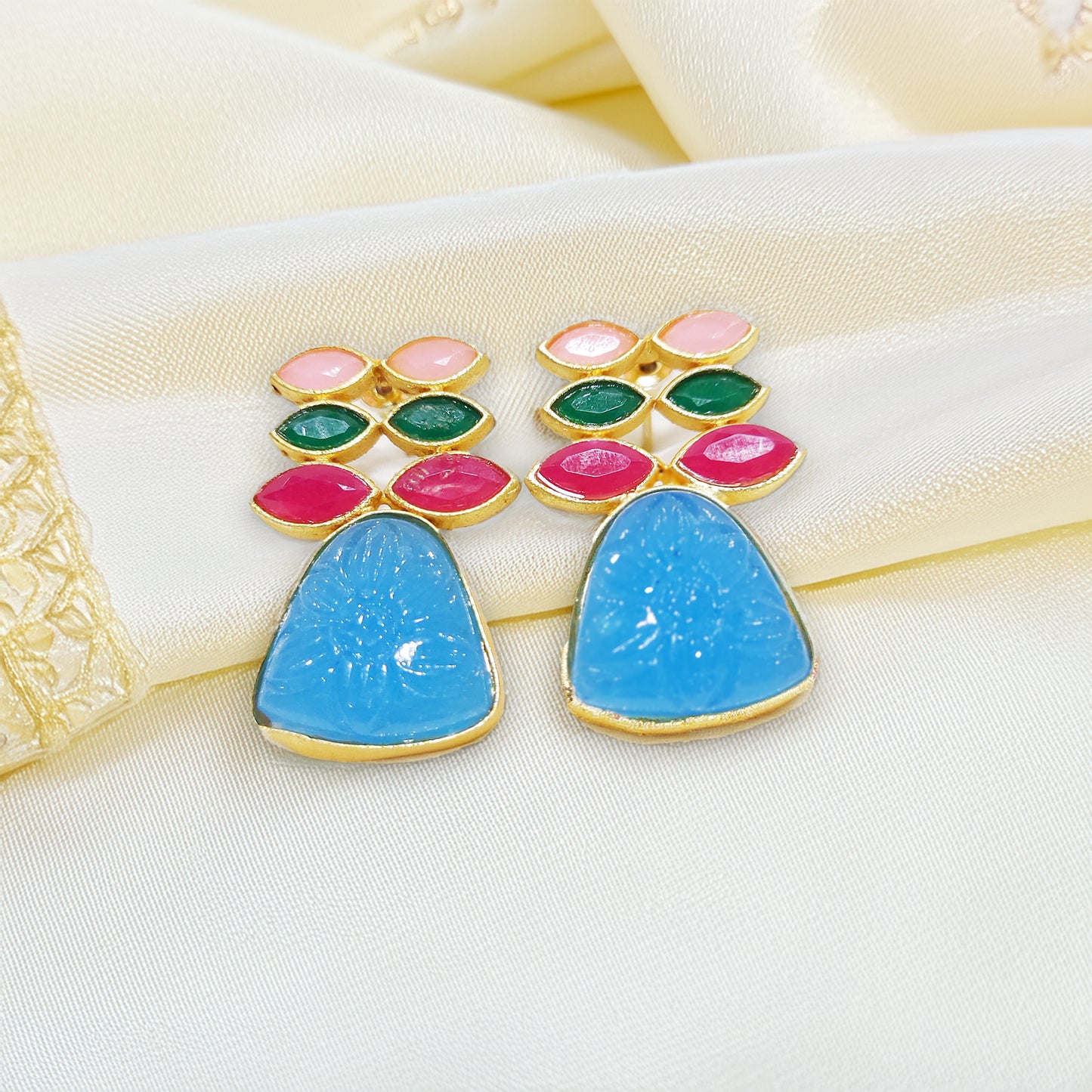 Gold Plated Natural Carving Gemstone Leaf Shaped Drop Earrings