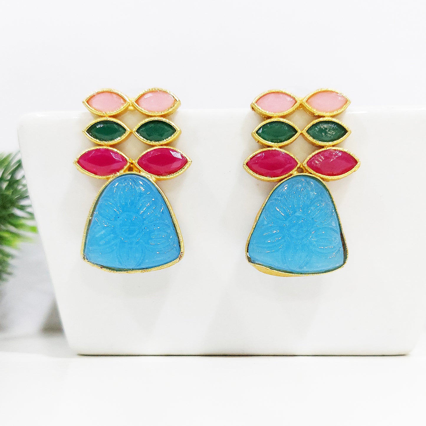 Gold Plated Natural Carving Gemstone Leaf Shaped Drop Earrings
