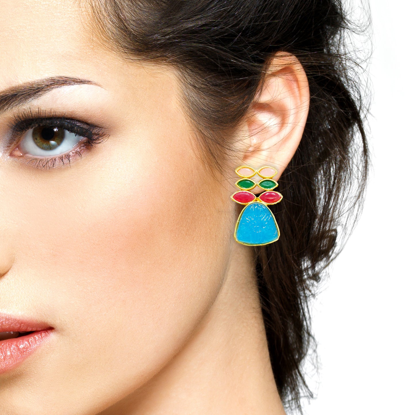 Gold Plated Natural Carving Gemstone Leaf Shaped Drop Earrings
