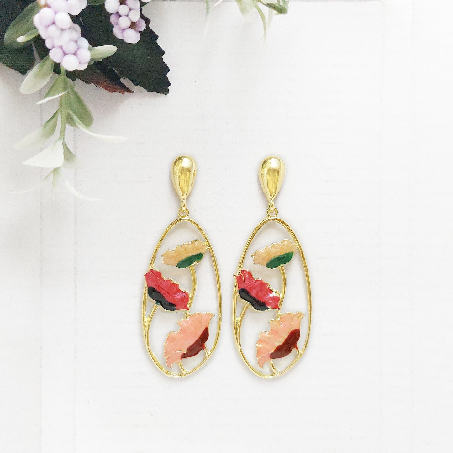 Retro Enamel Gold Plated Anti Tarnish Glaze Tear Drop Earrings
