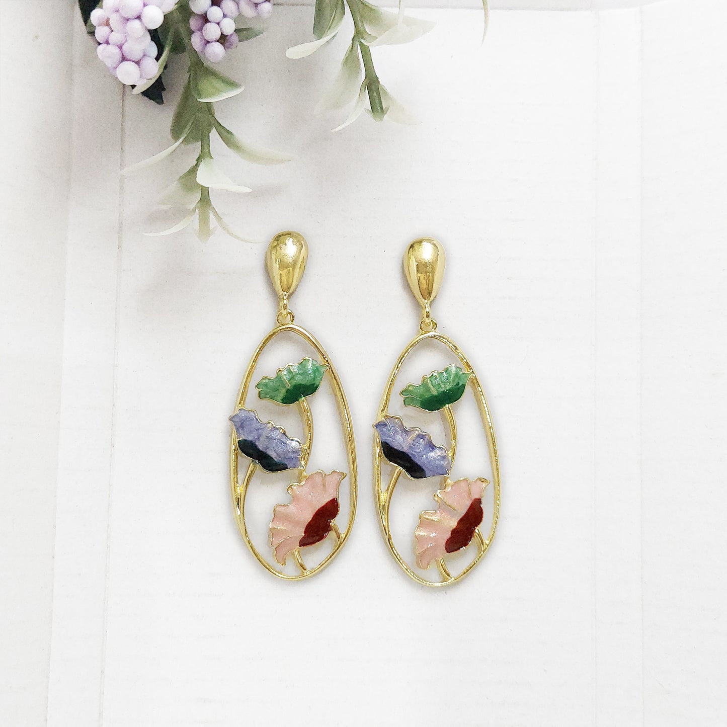 Retro Enamel Gold Plated Anti Tarnish Glaze Tear Drop Earrings