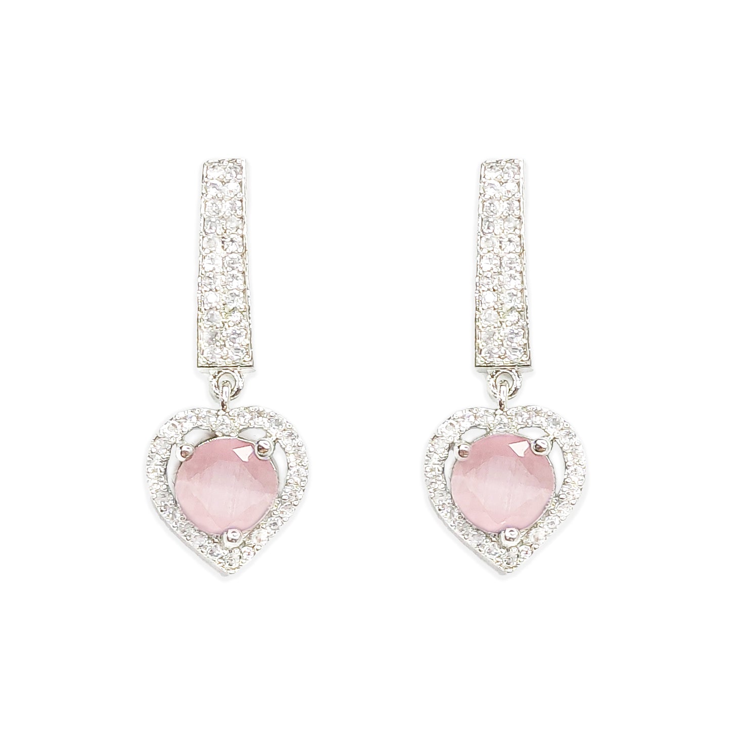 Rhodium Plated American Diamond Sparkling Heart Shaped Drop Earrings