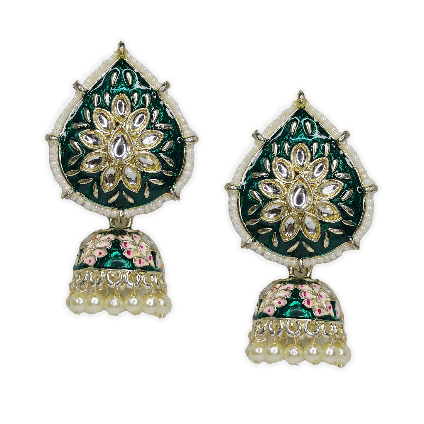 Dangler Kundan Meenakari Work Leaf Shaped Jhumka Earrings with Pearl Hangings