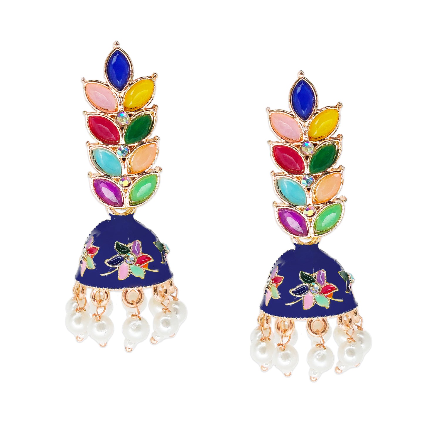Rose Gold Plated Meenakari Multicolour Leaves Jhumka Earrings with Pearl Hangings