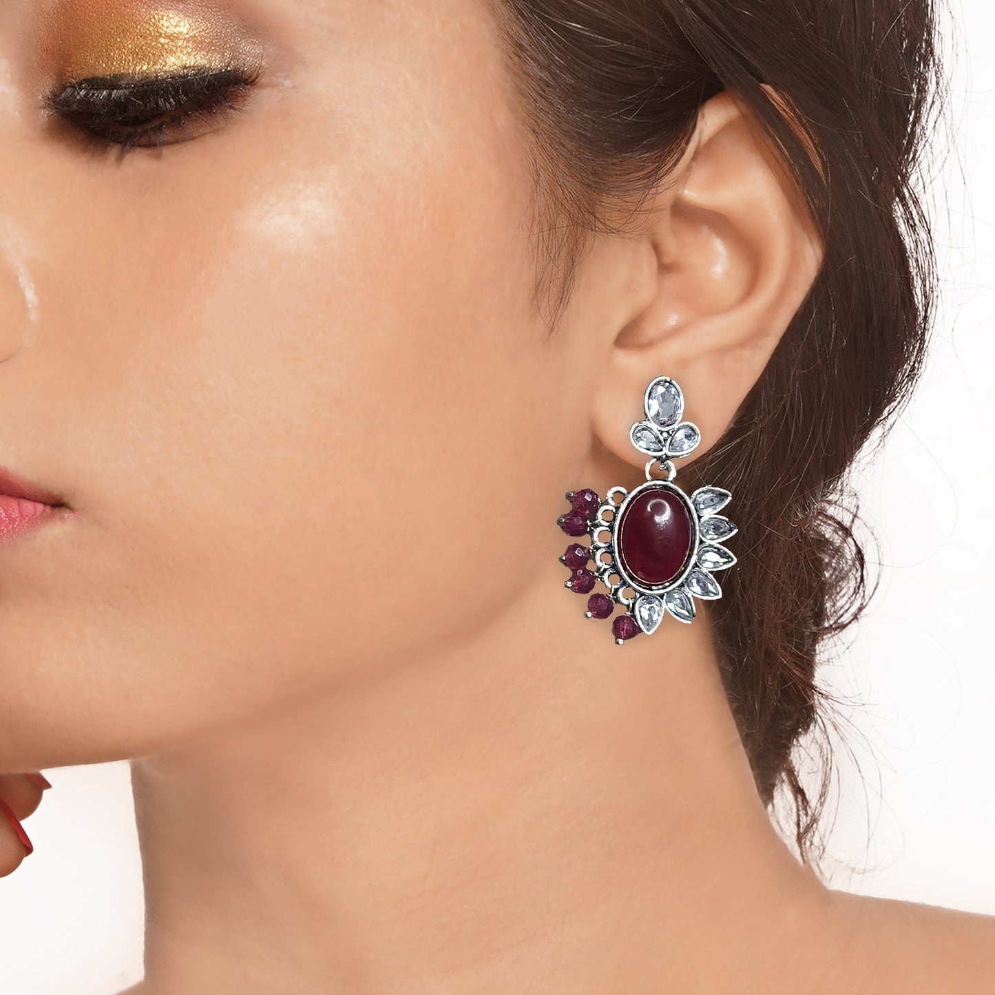 Oxidized Vintage Inspired German Silver Toned Stone Studded Drop & Dangler Chandbali Earrings