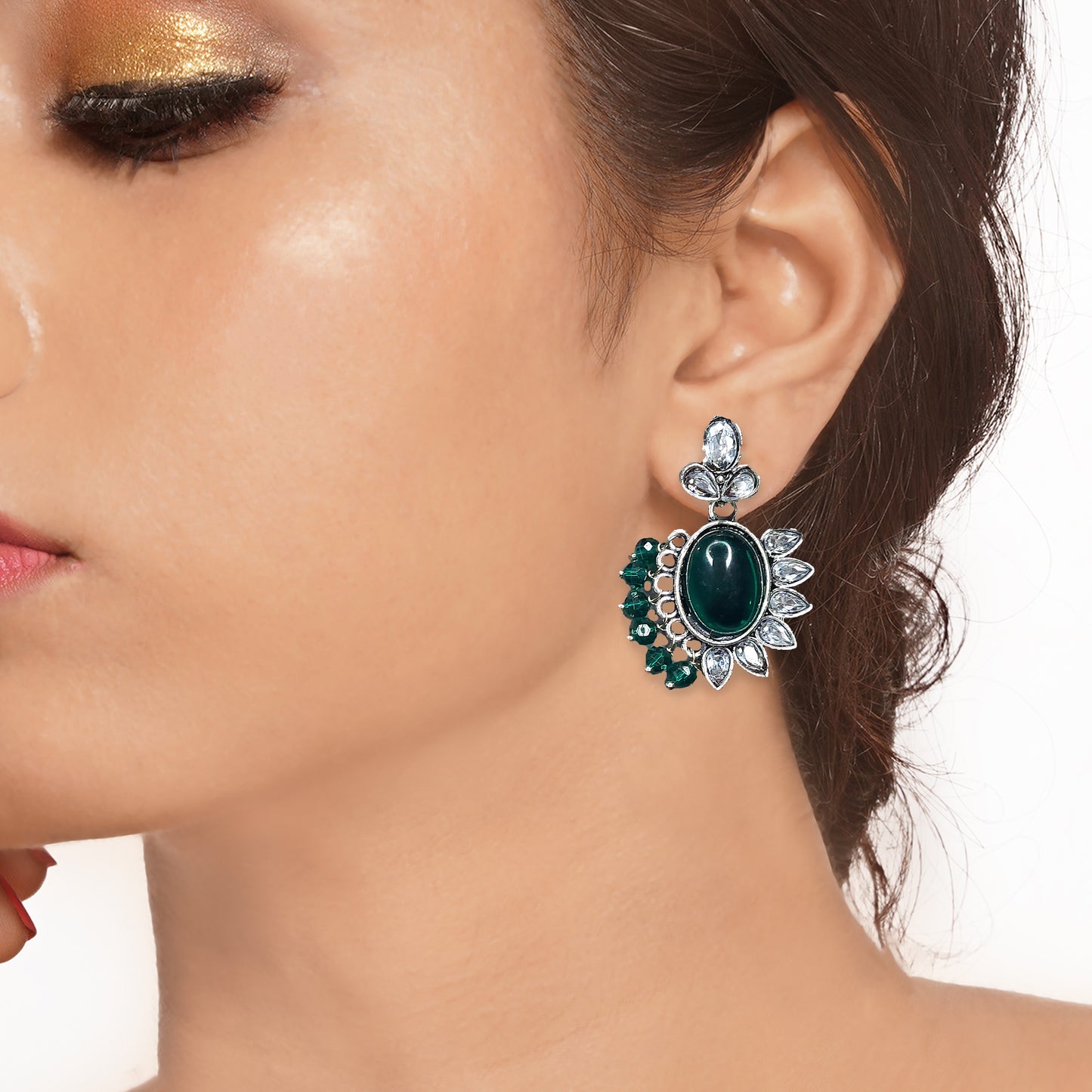 Oxidized Vintage Inspired German Silver Toned Stone Studded Drop & Dangler Chandbali Earrings