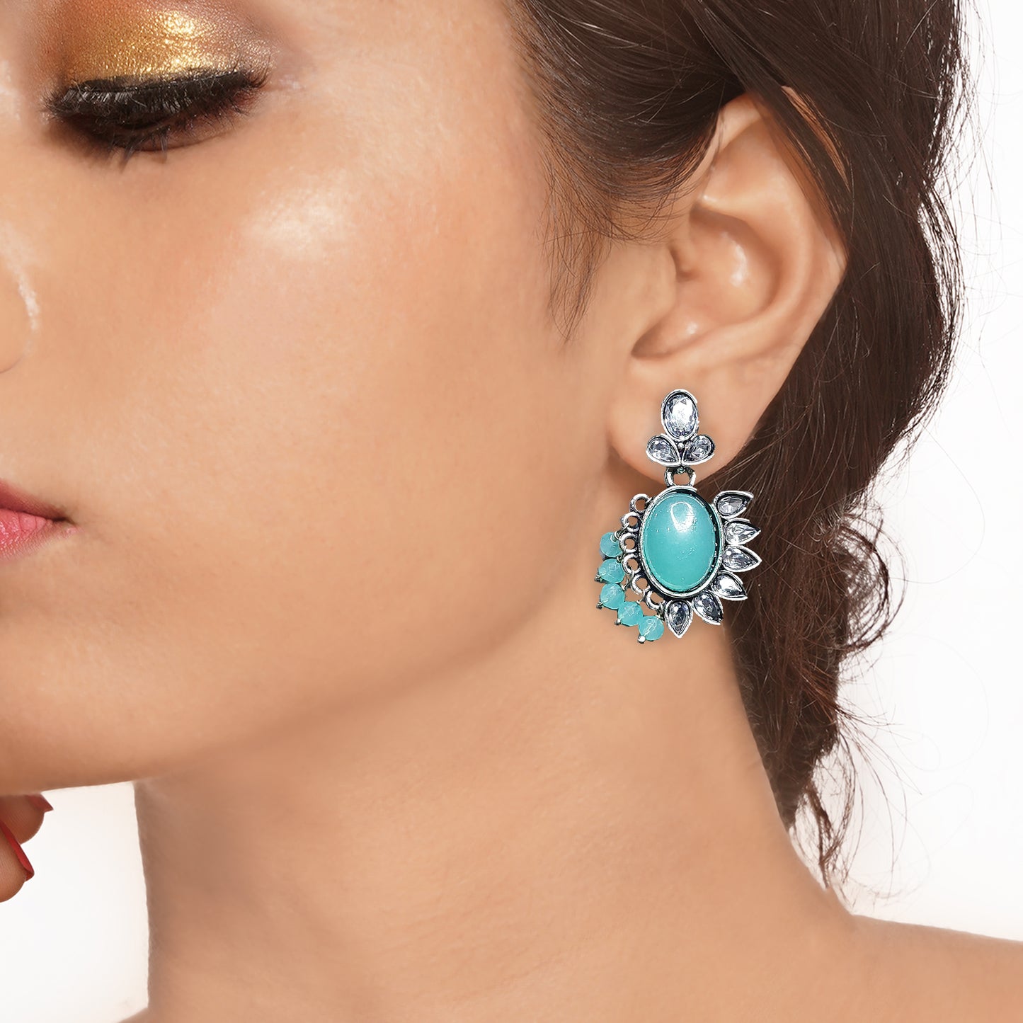 Oxidized Vintage Inspired German Silver Toned Stone Studded Drop & Dangler Chandbali Earrings