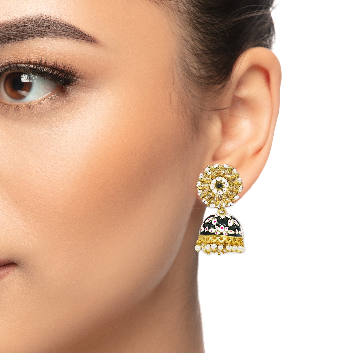 Dangler Kundan Meenakari Work Floral Jhumka Earrings with Pearl Hangings