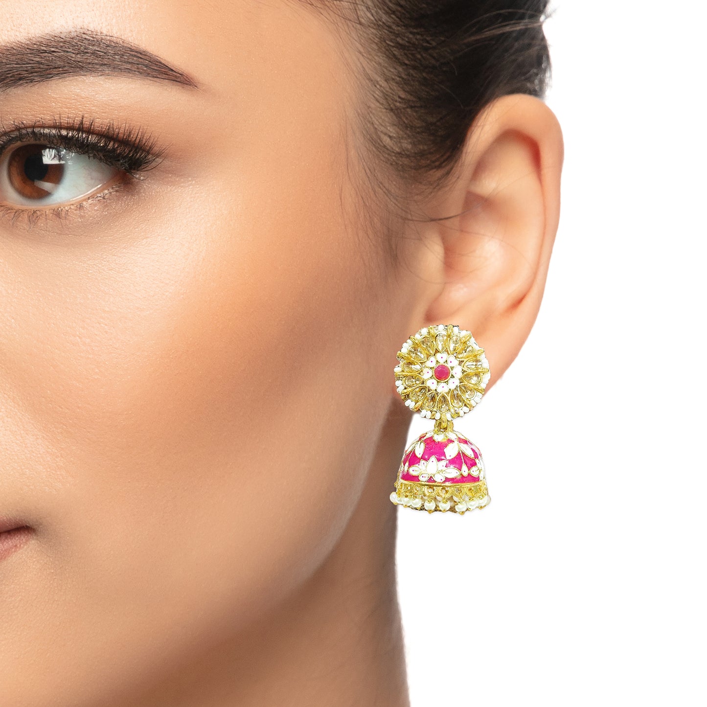 Dangler Kundan Meenakari Work Floral Jhumka Earrings with Pearl Hangings