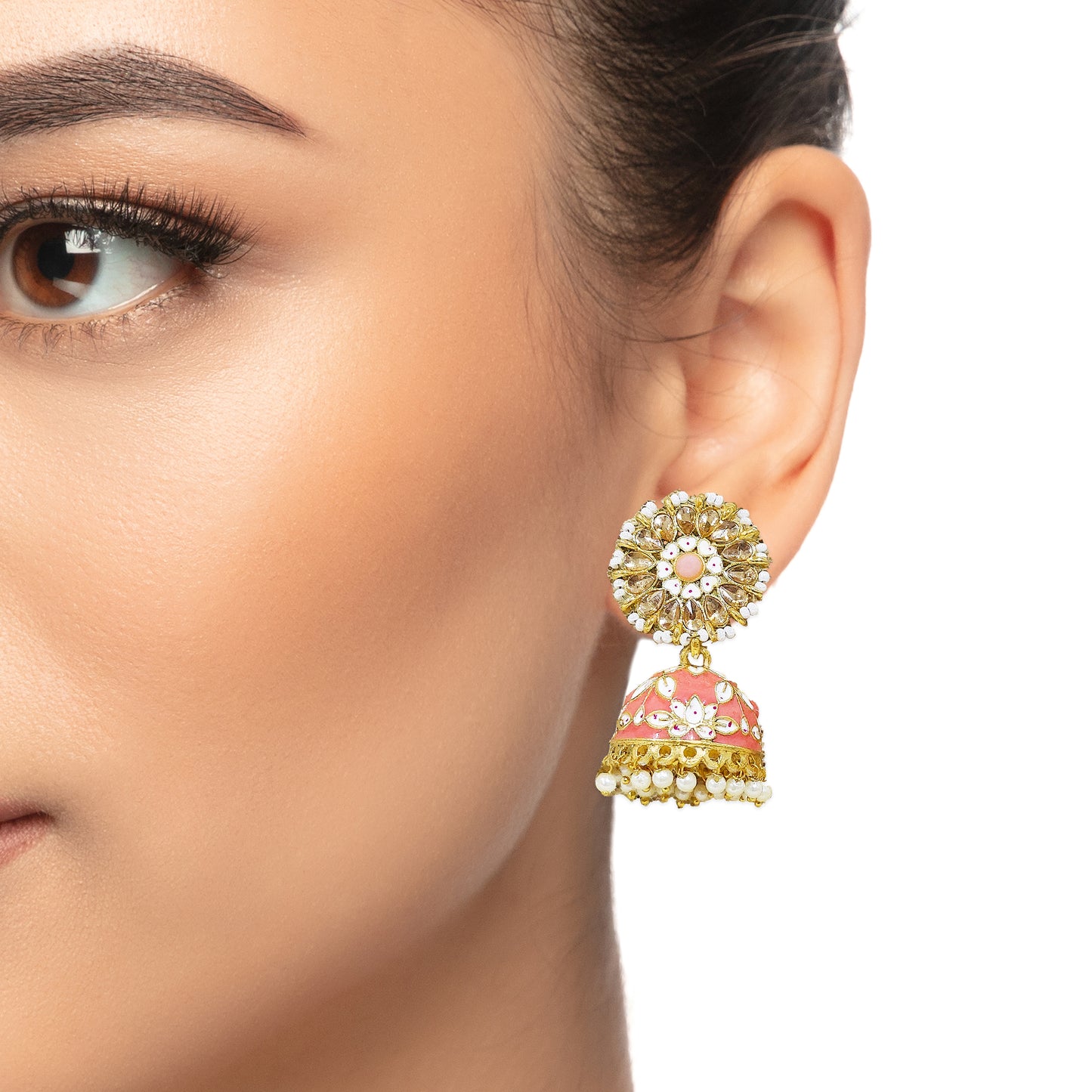 Dangler Kundan Meenakari Work Floral Jhumka Earrings with Pearl Hangings