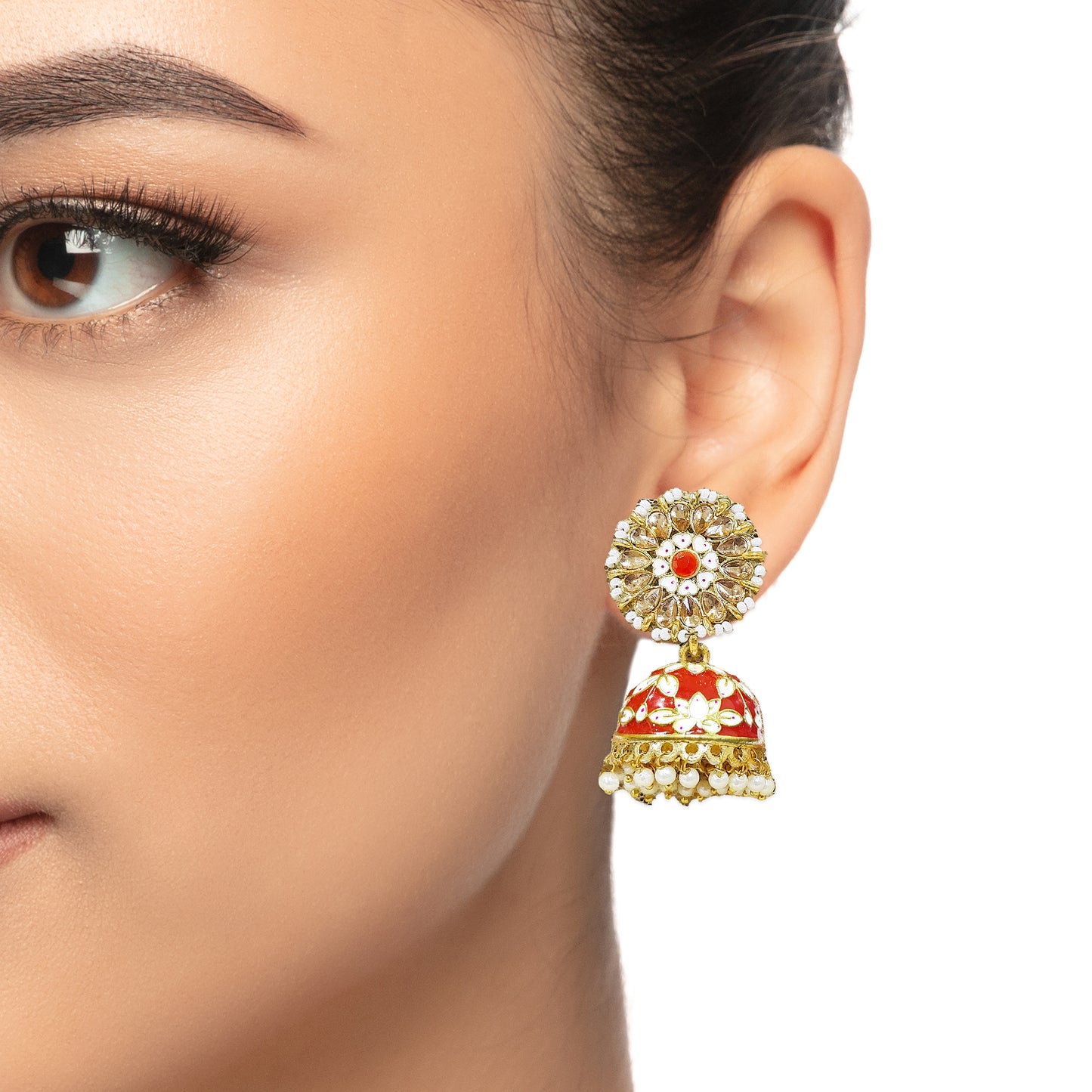 Dangler Kundan Meenakari Work Floral Jhumka Earrings with Pearl Hangings