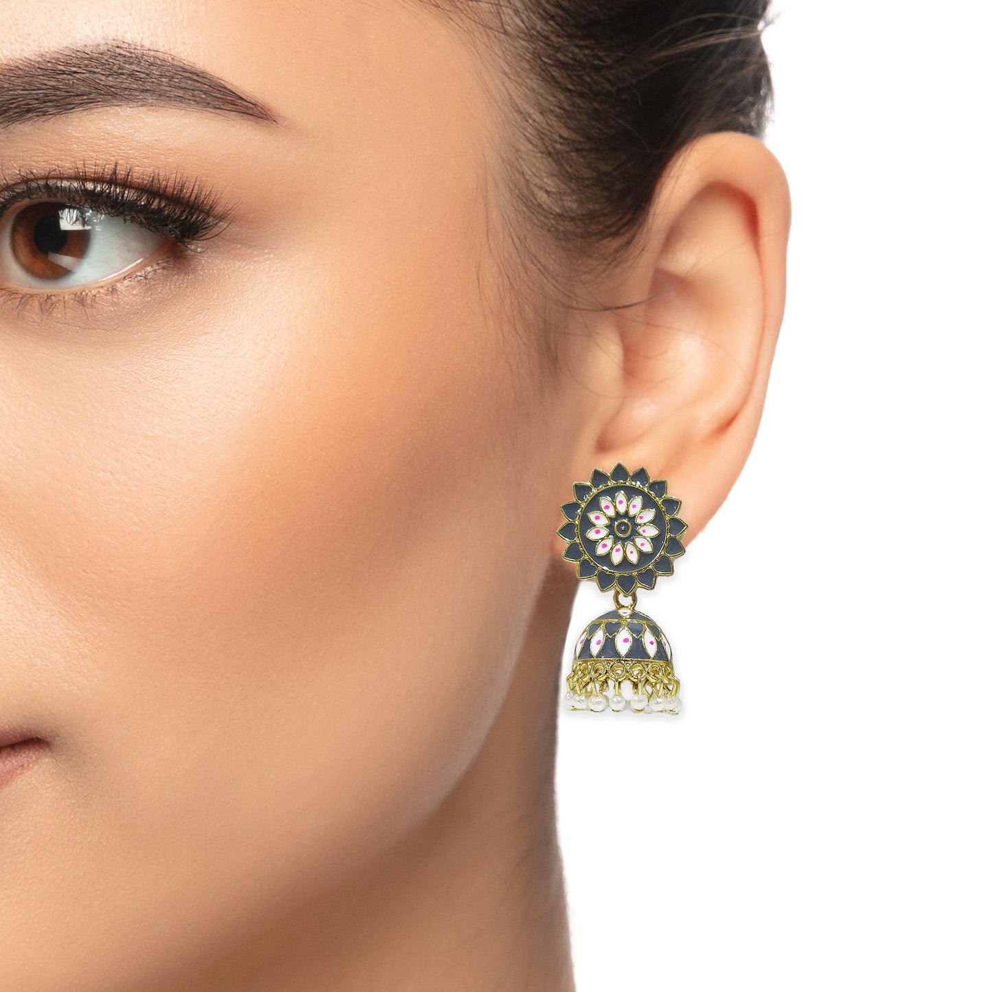 Traditional Elegant Sunflower Design Meenakari Pearl Drop Brass Jhumki Earring