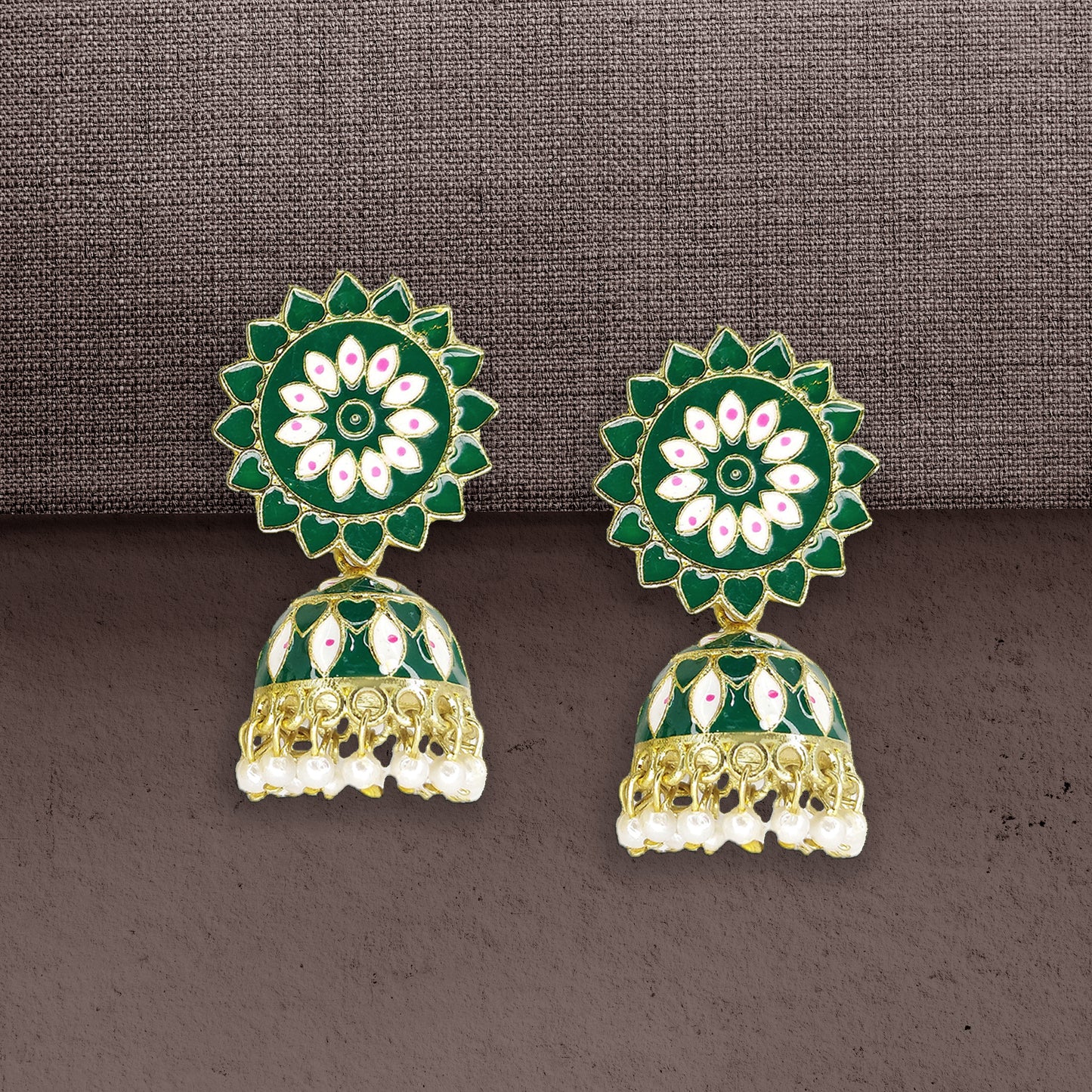Traditional Elegant Sunflower Design Meenakari Pearl Drop Brass Jhumki Earring