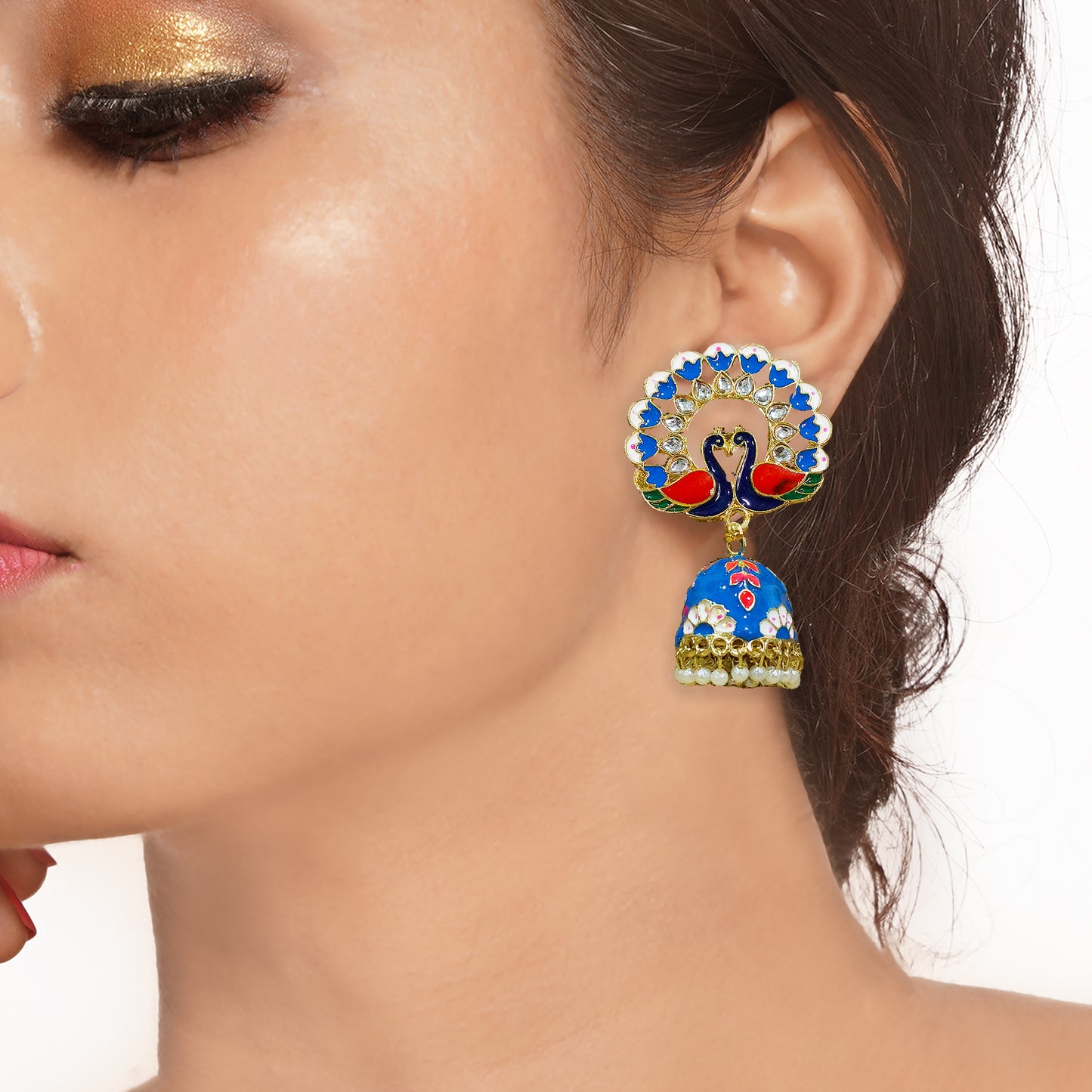 Traditional Latest Elegant Peacock Design Meenakari Pearl Drop Brass Jhumki Earring