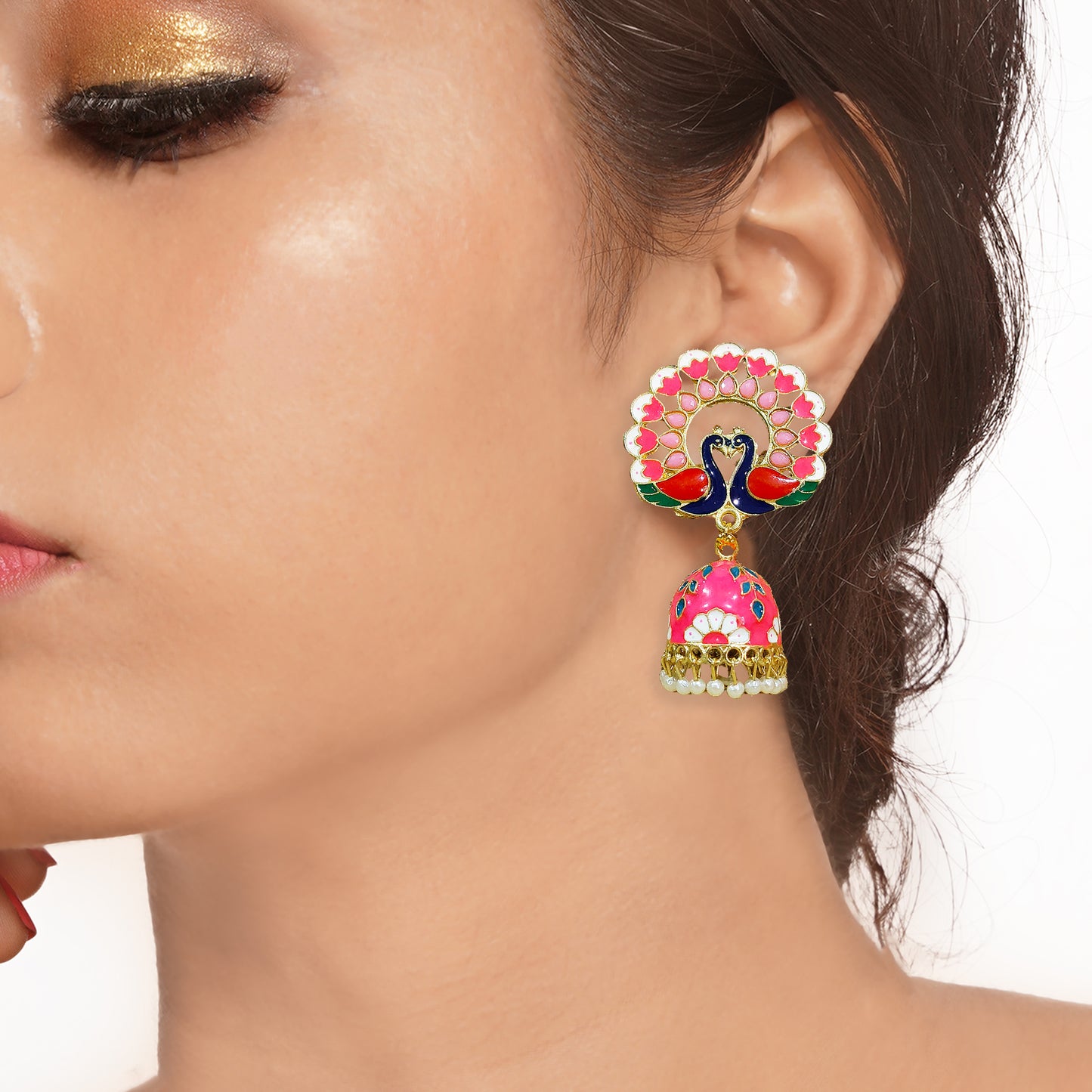 Traditional Latest Elegant Peacock Design Meenakari Pearl Drop Brass Jhumki Earring