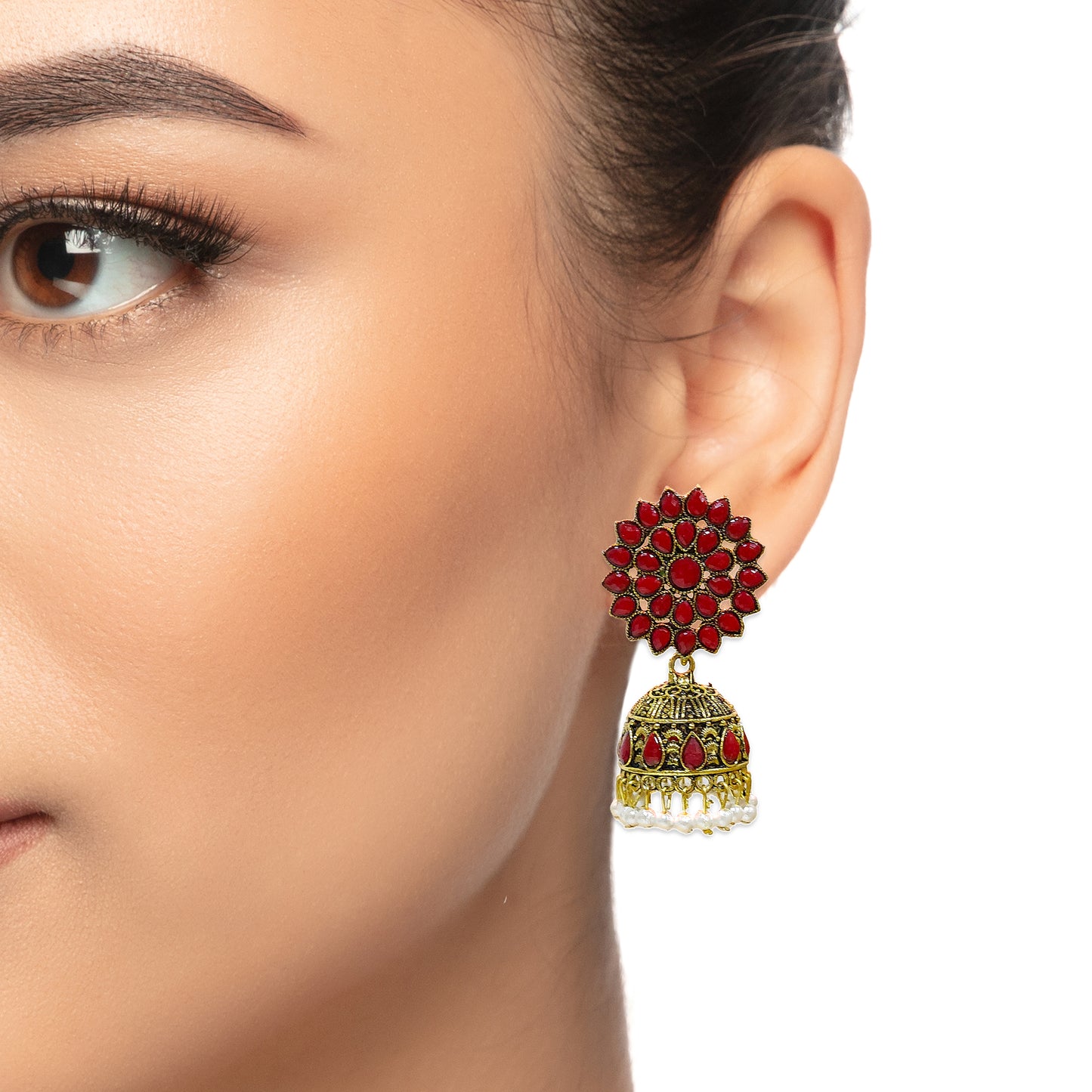 Traditional Latest Elegant Sunflower Design Kundan Pearl Drop Brass Jhumka Earring