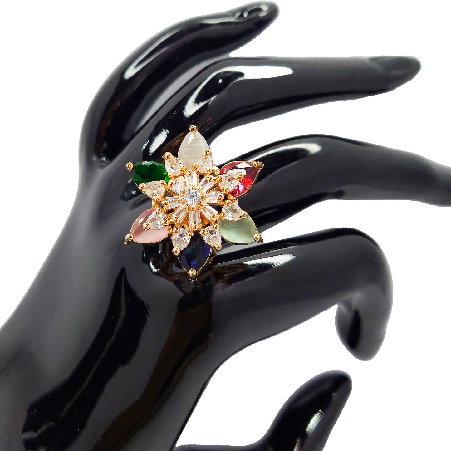 Rose Gold Plated American Diamond Studded Multicolor Adjustable Finger Ring