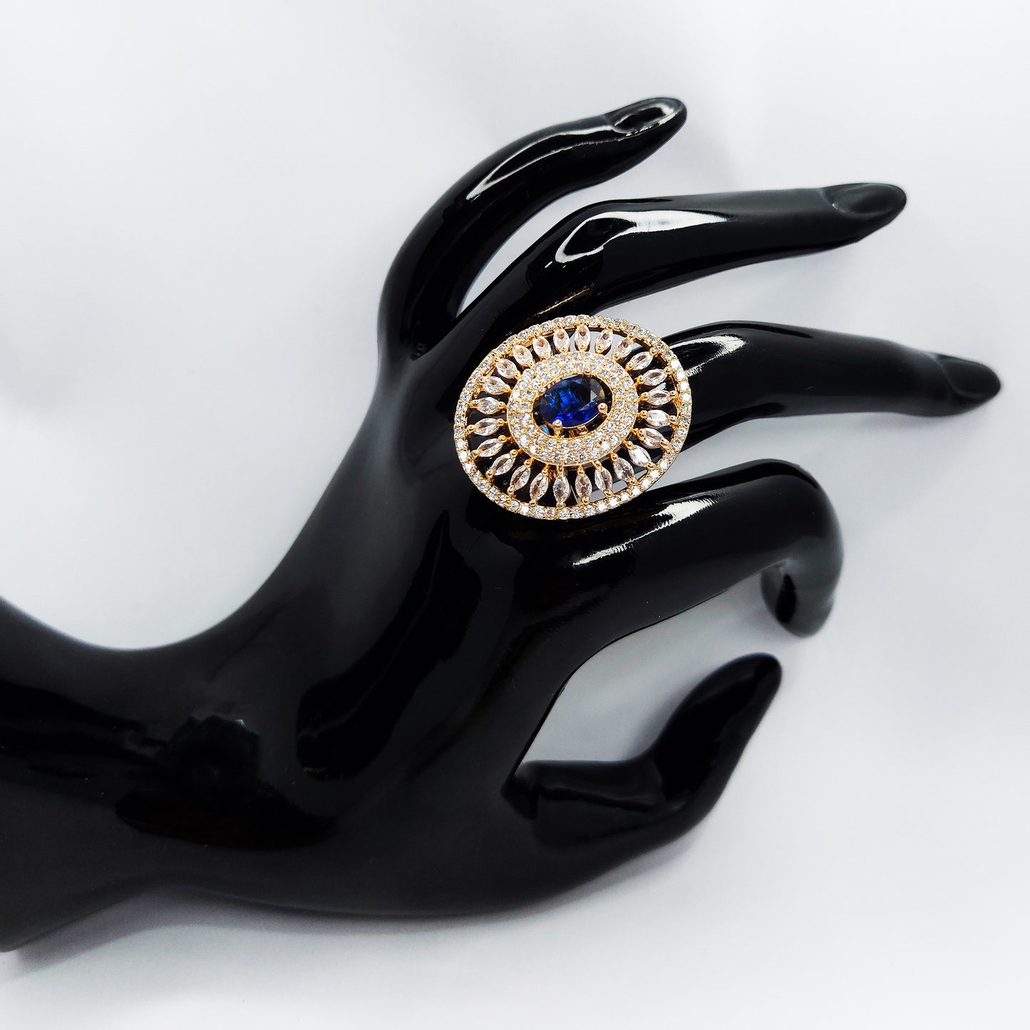 Rose Gold Plated CZ Sparkling Finger Ring with Blue Stone for Women