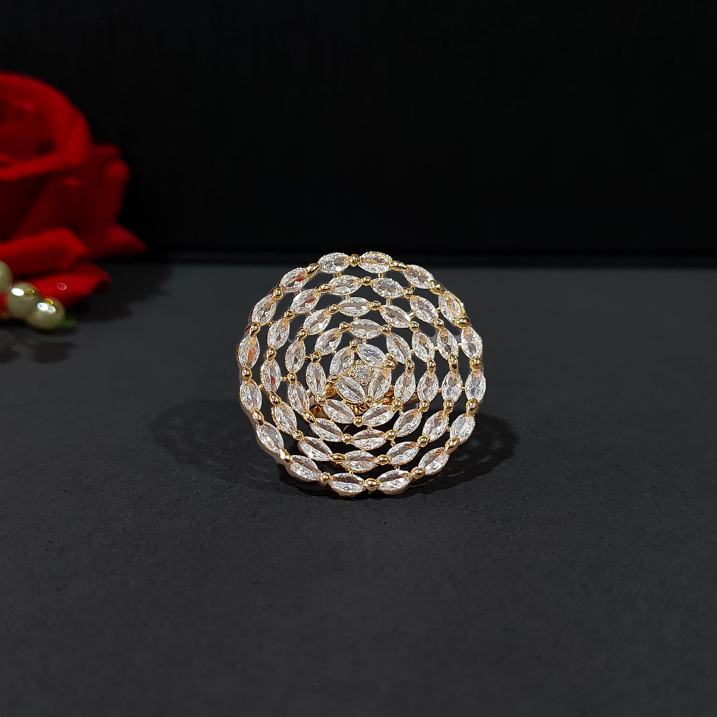 Rose Gold Plated American Diamond Studded Adjustable Finger Ring