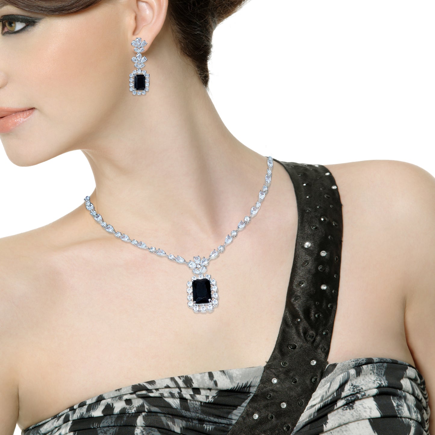 Rhodium Plated Fascinating American Diamond Studded Necklace with Earring Jewellery Set