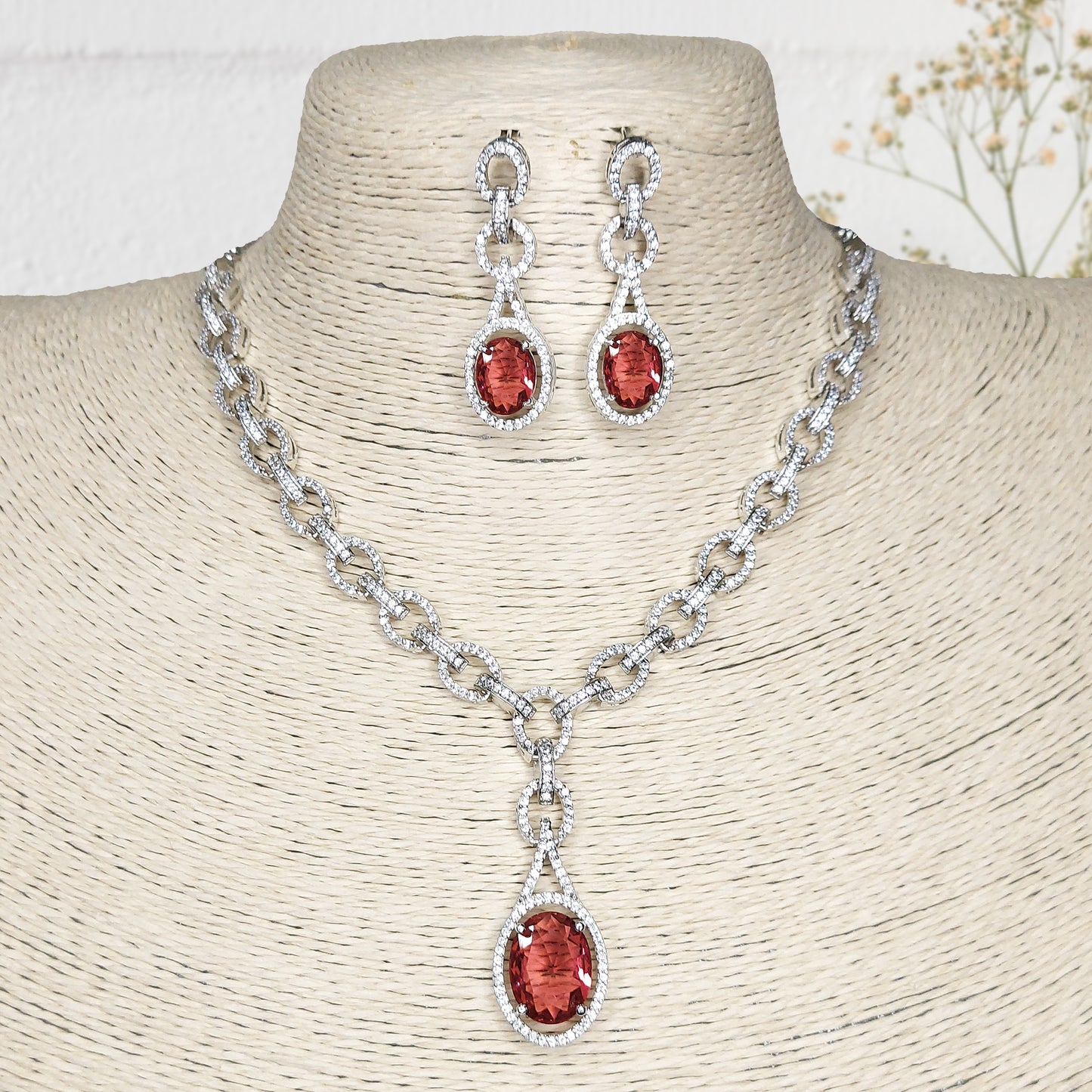 Rhodium Plated Silver Toned American Diamond Studded Necklace with Earring Jewellery Set