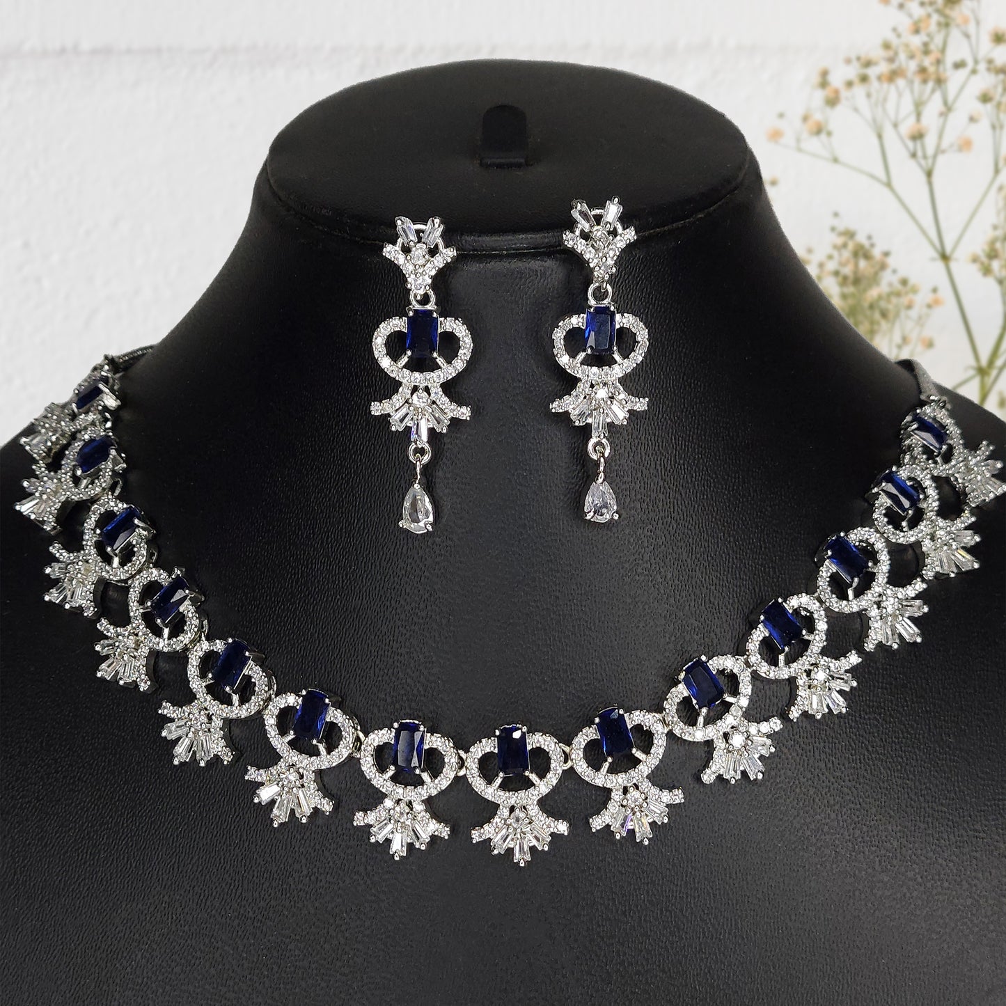 Rhodium Plated Floral Dazzling American Diamond Studded Necklace with Earring Jewellery Set