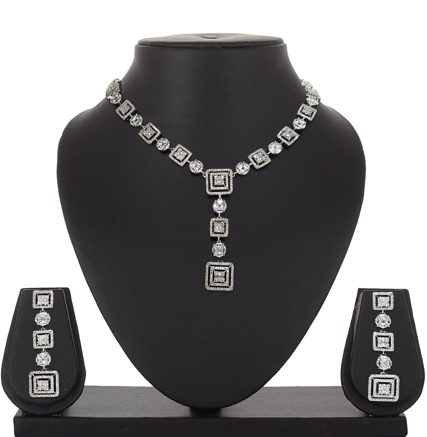 Rhodium Plated Designer American Diamond Studded Necklace with Earring Jewellery Set