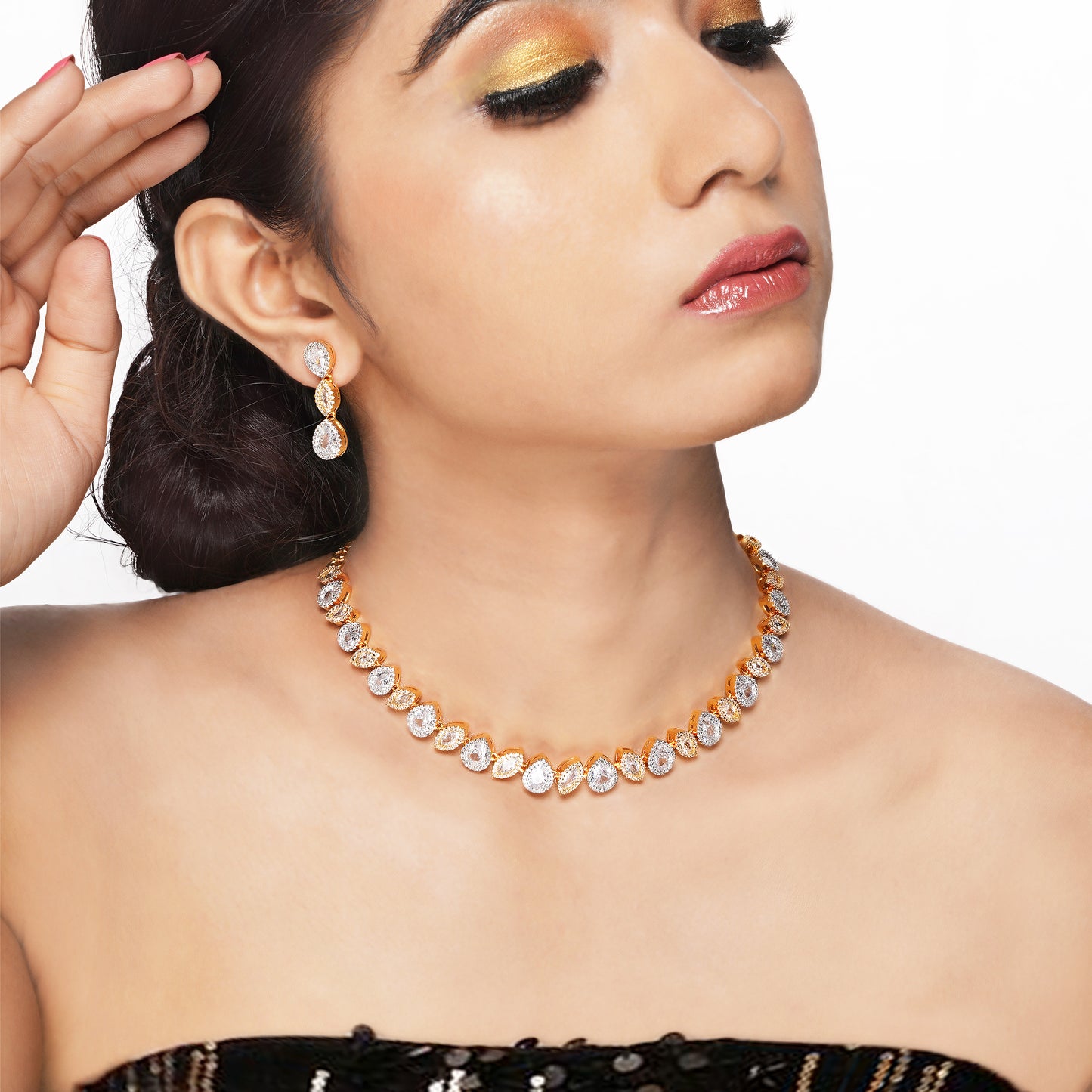 Gold Plated Elegant American Diamond Studded Leaf Shaped Necklace with Earring Jewellery Set