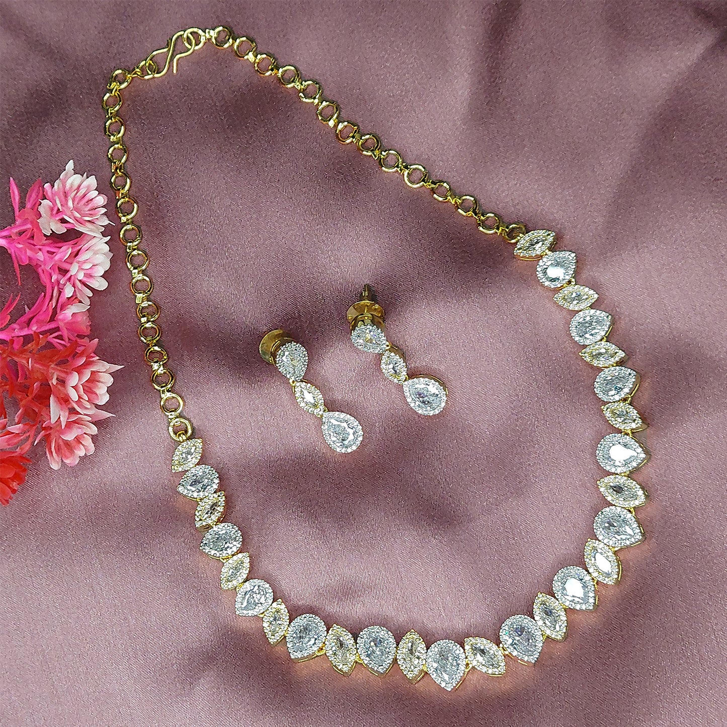 Gold Plated Elegant American Diamond Studded Leaf Shaped Necklace with Earring Jewellery Set