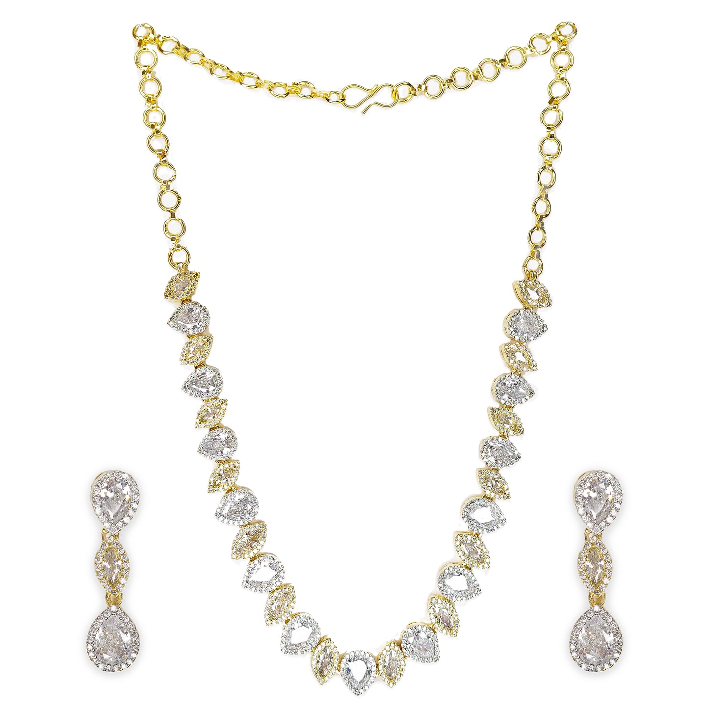 Gold Plated Elegant American Diamond Studded Leaf Shaped Necklace with Earring Jewellery Set