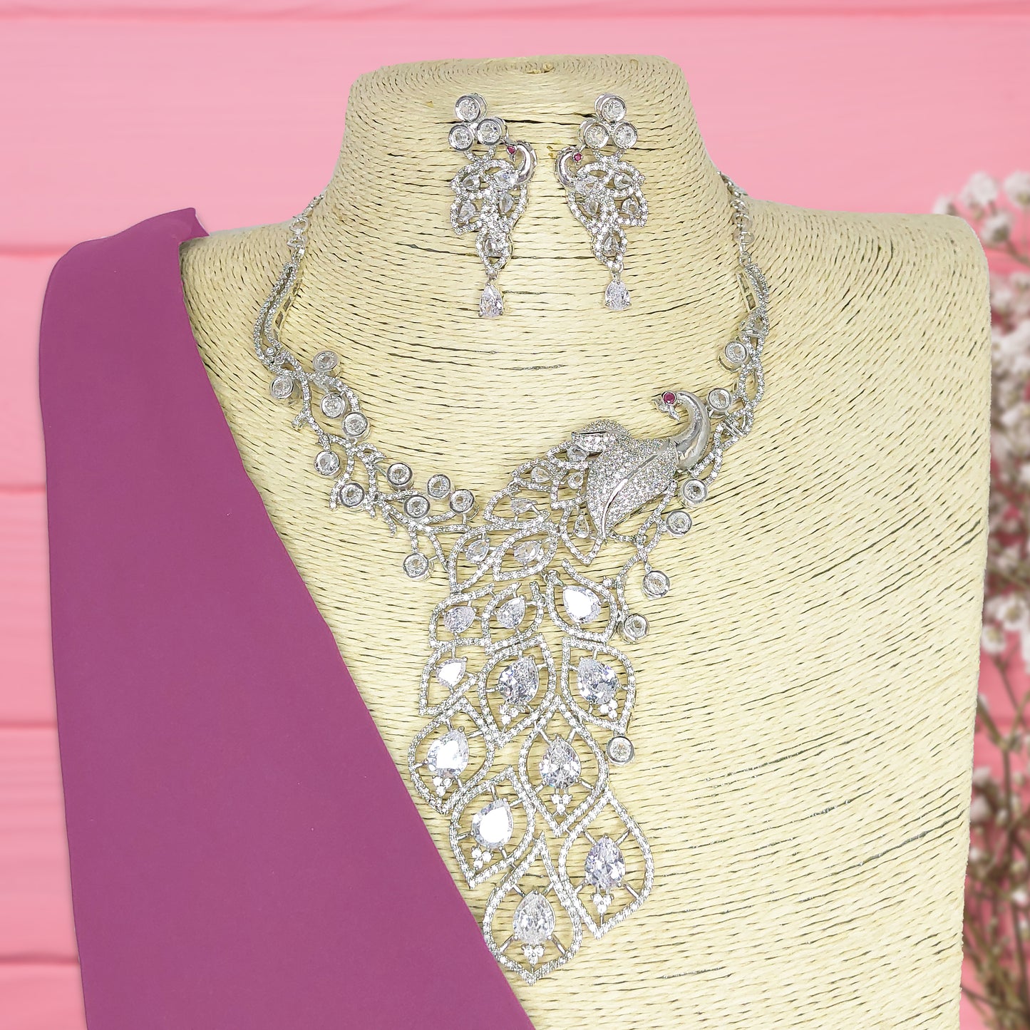 Rhodium Plated Silver Toned Exquisite Peacock American Diamond Studded Necklace with Earring Jewellery Set