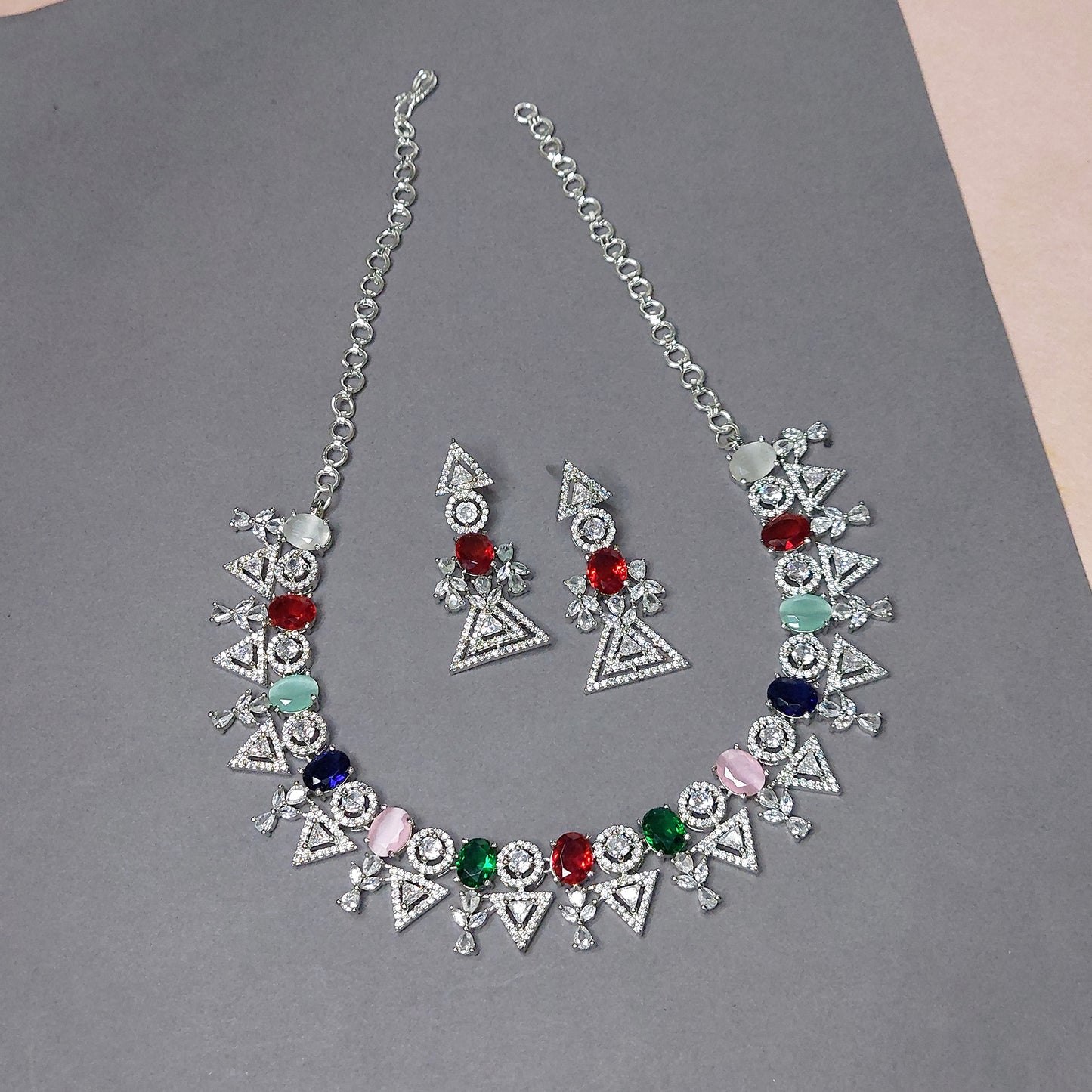 Rhodium Plated Silver Toned Multicolour American Diamond Studded Necklace with Earring Jewellery Set