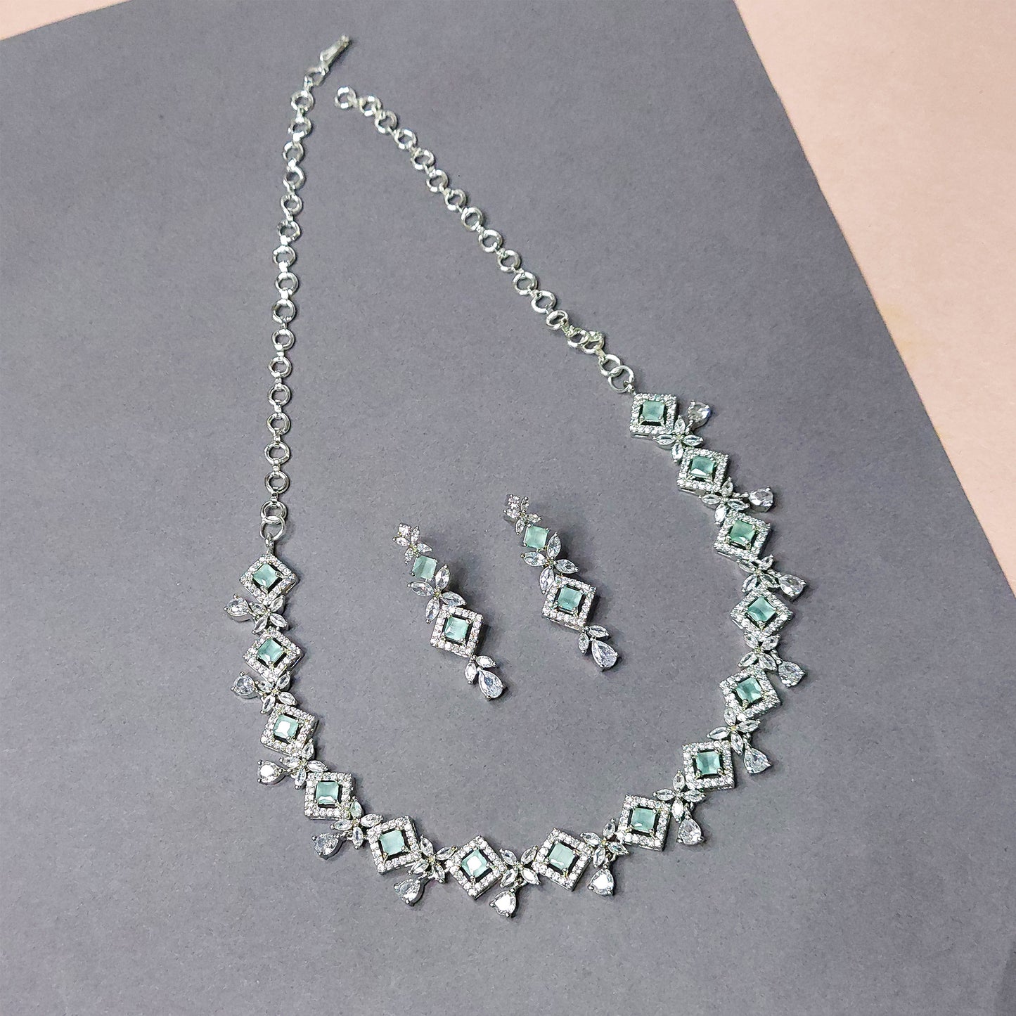 Rhodium Plated Silver Toned Mint Green American Diamond Studded Necklace with Earring Jewellery Set