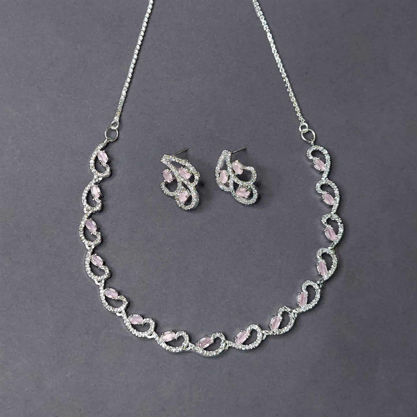 Rhodium Plated Silver Toned Heart American Diamond Studded Necklace with Earring Jewellery Set