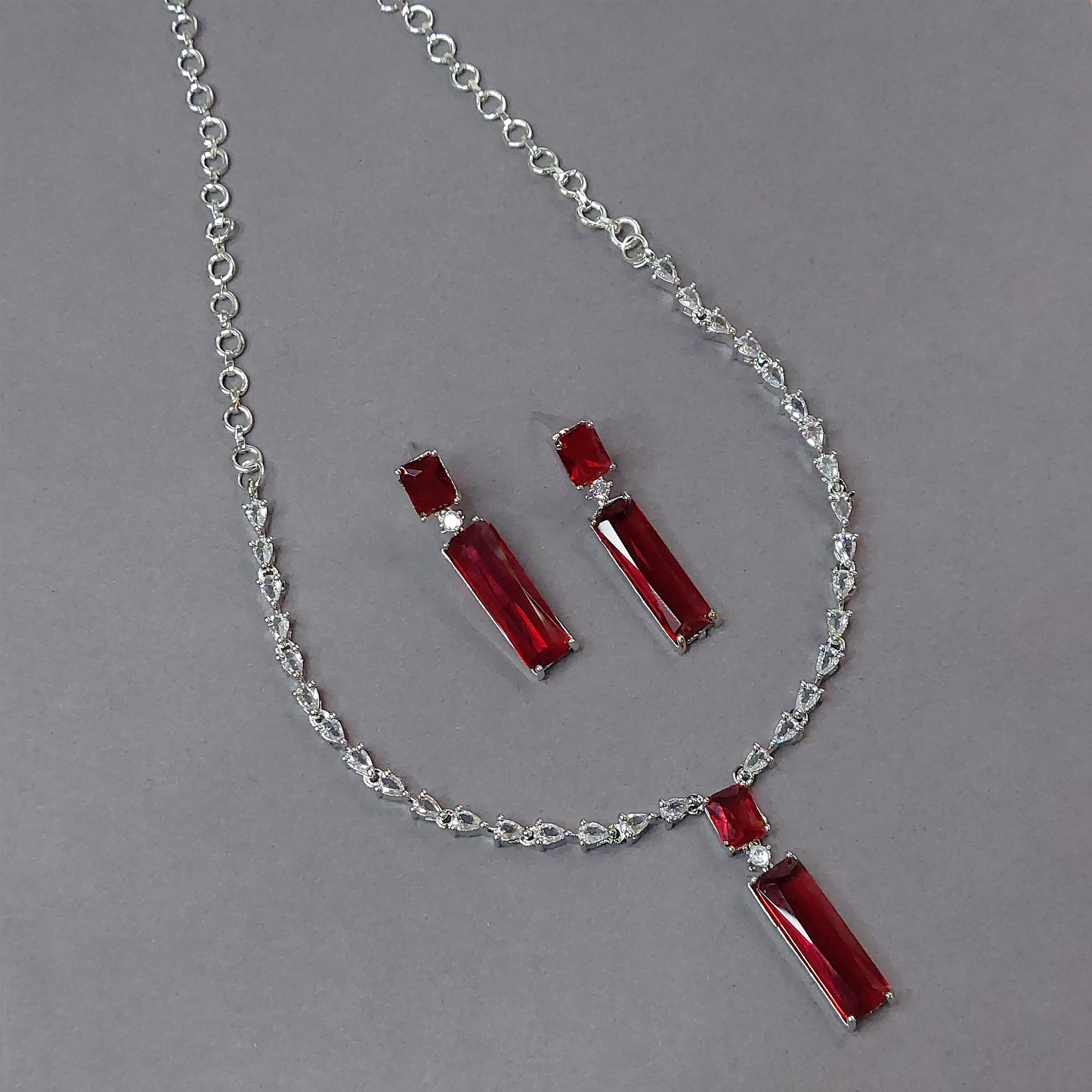 Rhodium Plated Silver Toned Elegant American Diamond Studded Necklace with Earring Jewellery Set