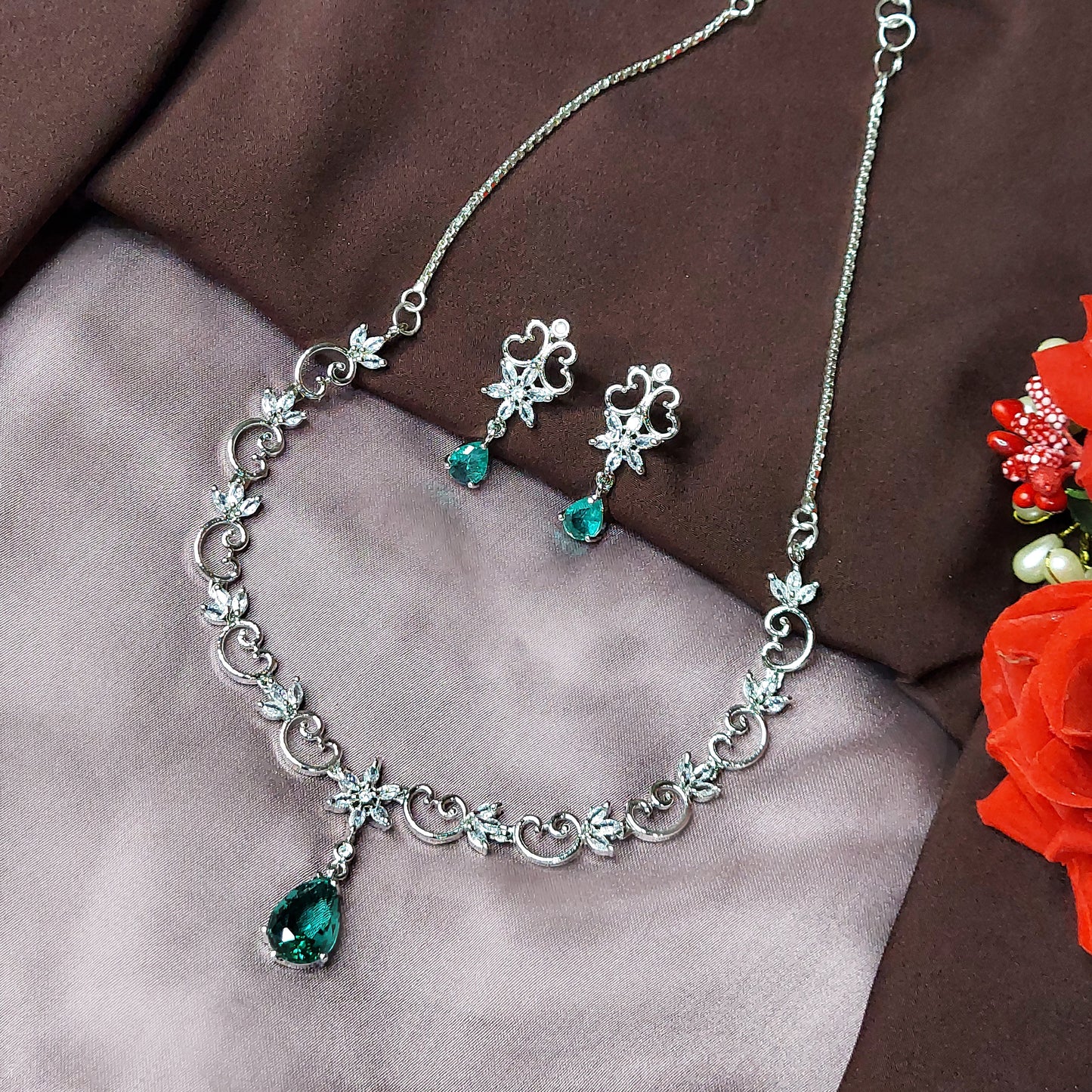 Rhodium Plated Silver Toned Heart Shaped American Diamond Studded Necklace with Earring Jewellery Set