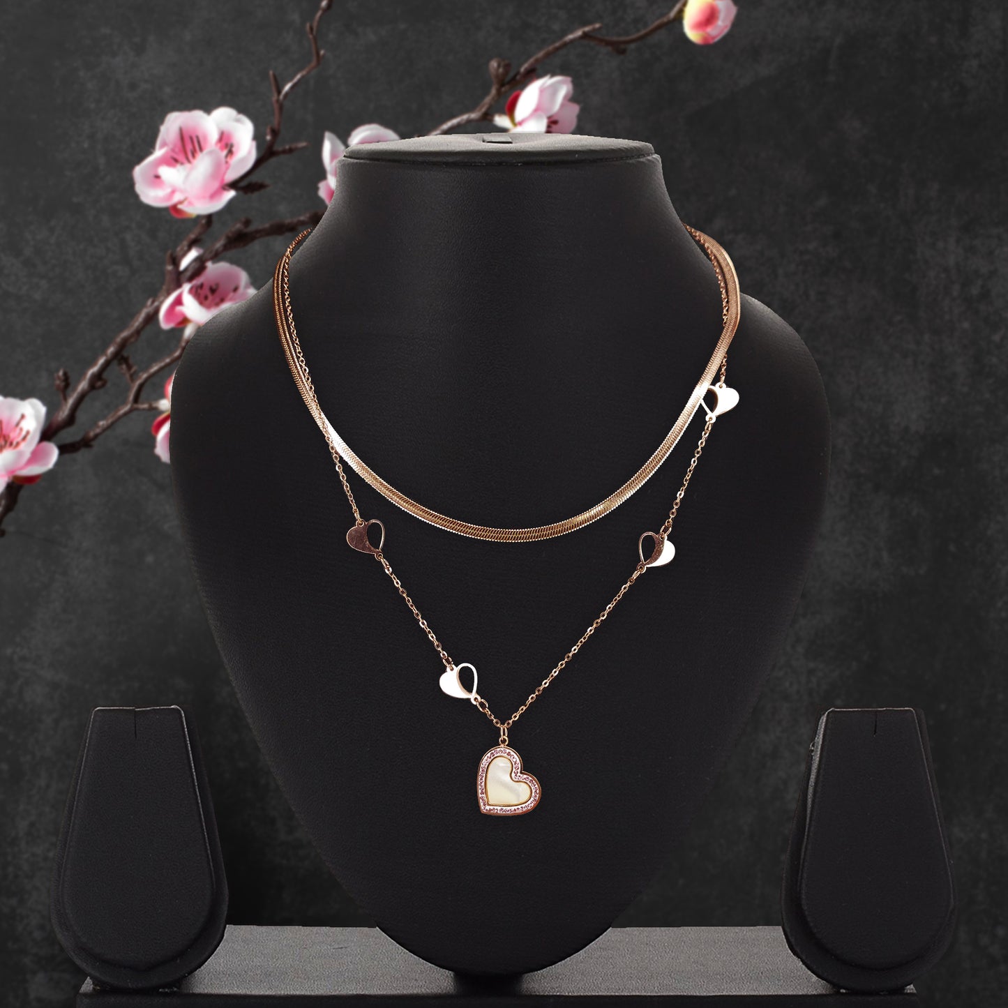 Rose Gold Plated Stylish Anti Tarnish Rhinestones Double Chains MOP Heart Pendant