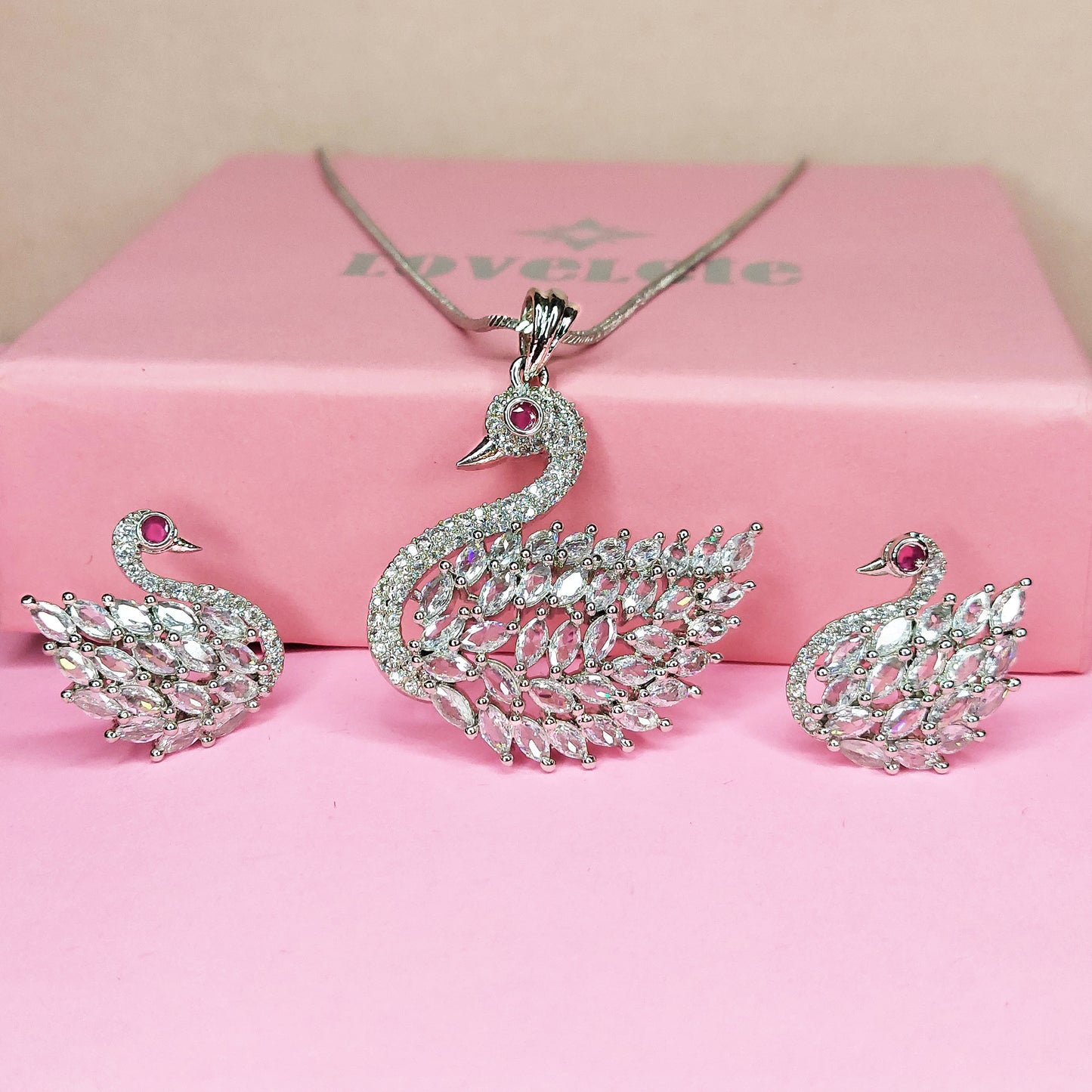 Rhodium Plated Cubic Zirconia Trendy and Fancy Peacock Pendant Set