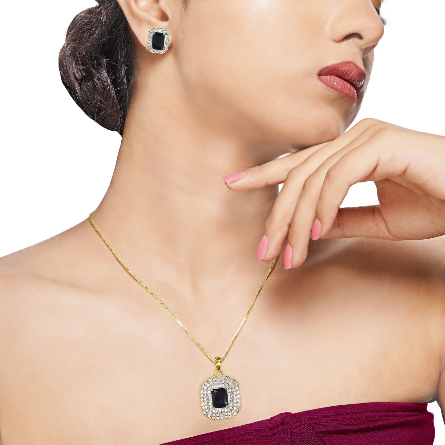 Gold Plated Square Shaped American Diamond Studded Pendant Set for Women